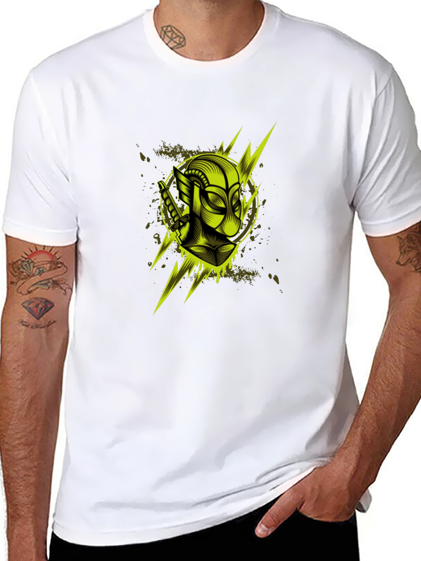 Mens Black Graphic T-Shirt: Neon Deadpool Design