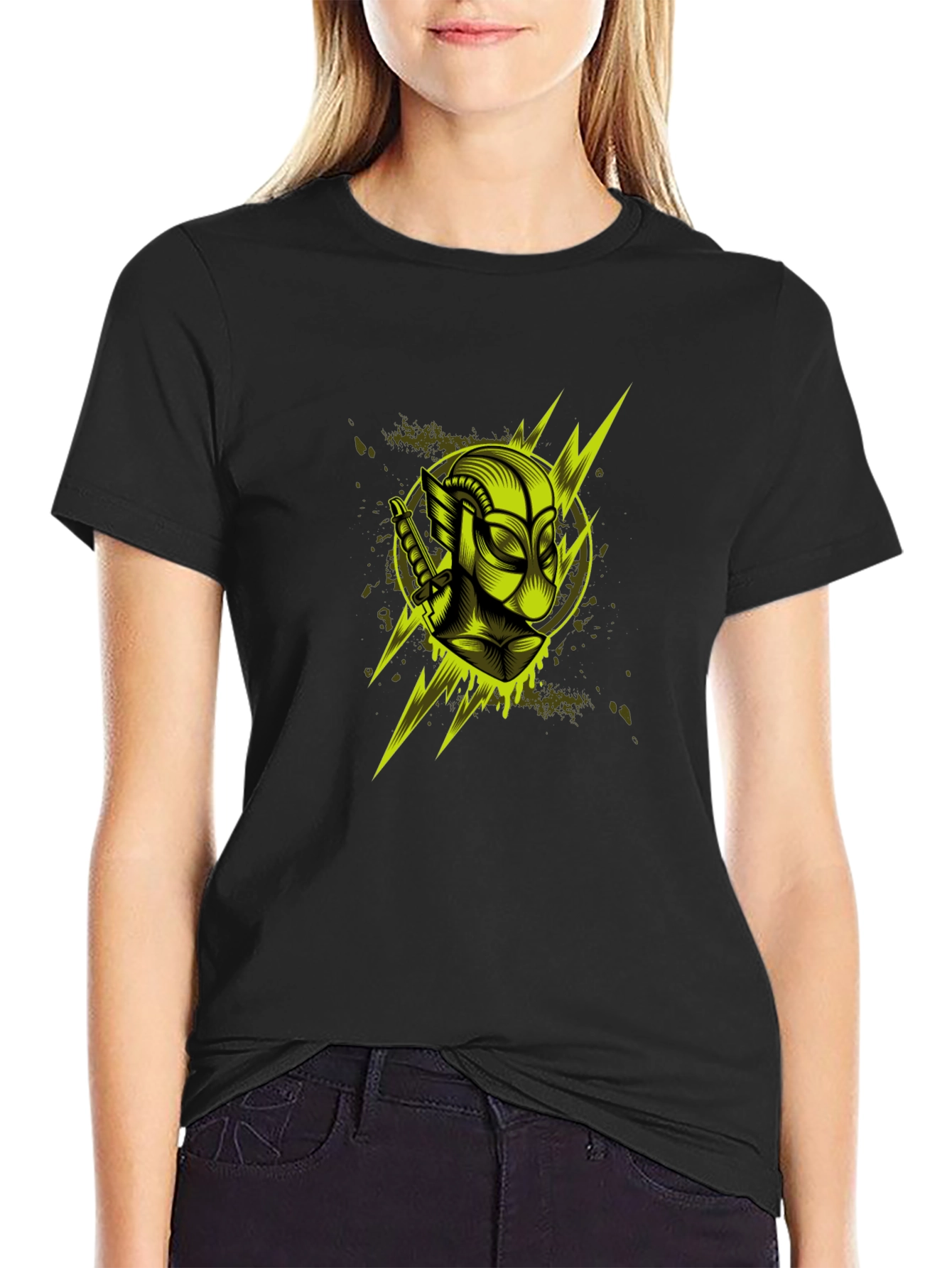 Mens Black Graphic T-Shirt: Neon Deadpool Design
