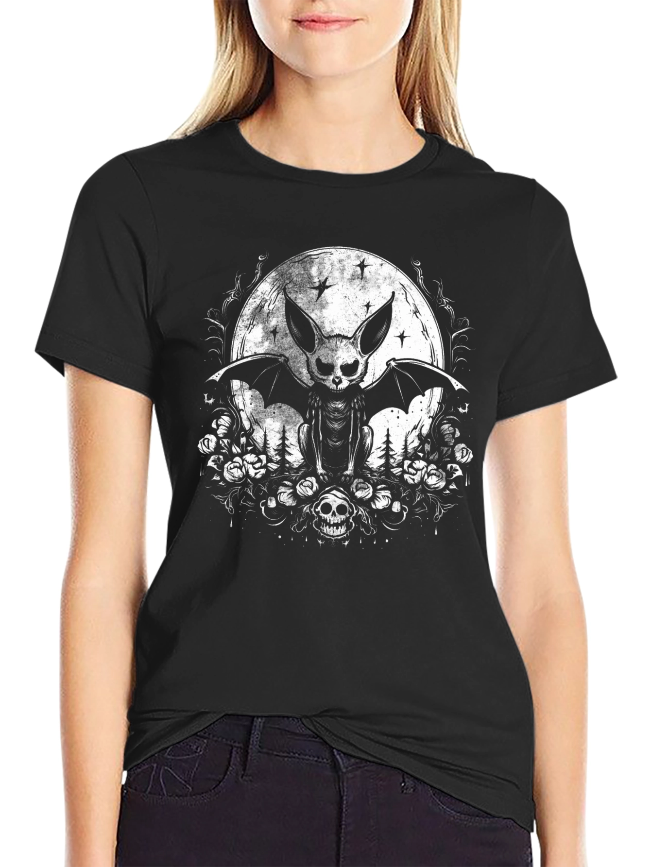 Gothic Bat Skull Moon Graphic Tee