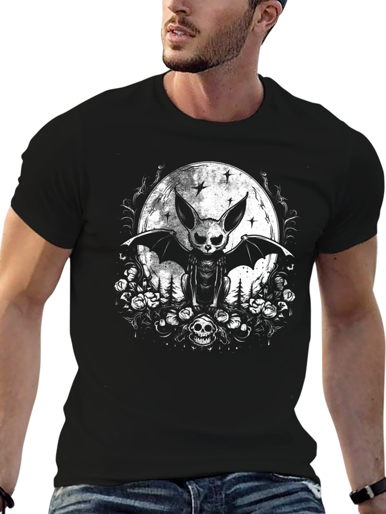 Gothic Bat Skull Moon Graphic Tee