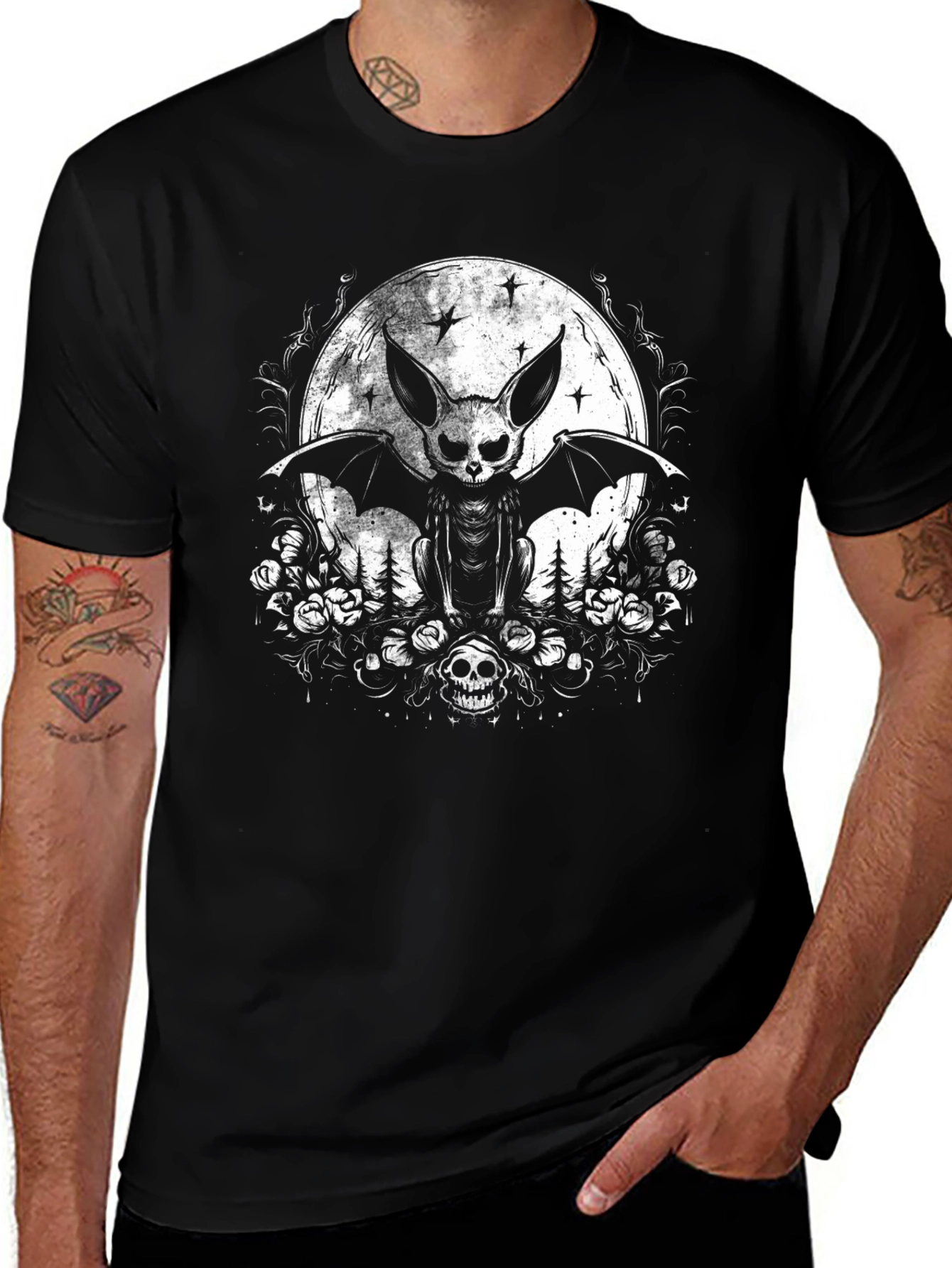 Gothic Bat Skull Moon Graphic Tee