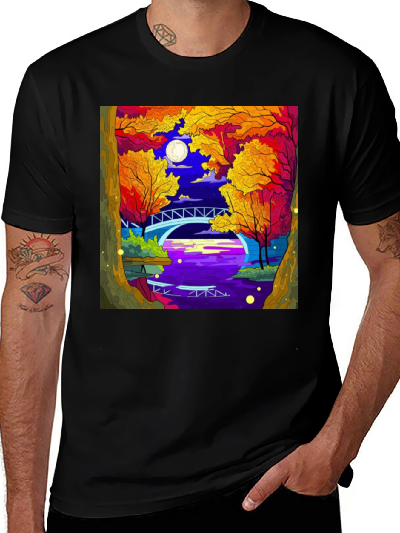 Night River T-Shirt | Nature Bridge Graphic Tee