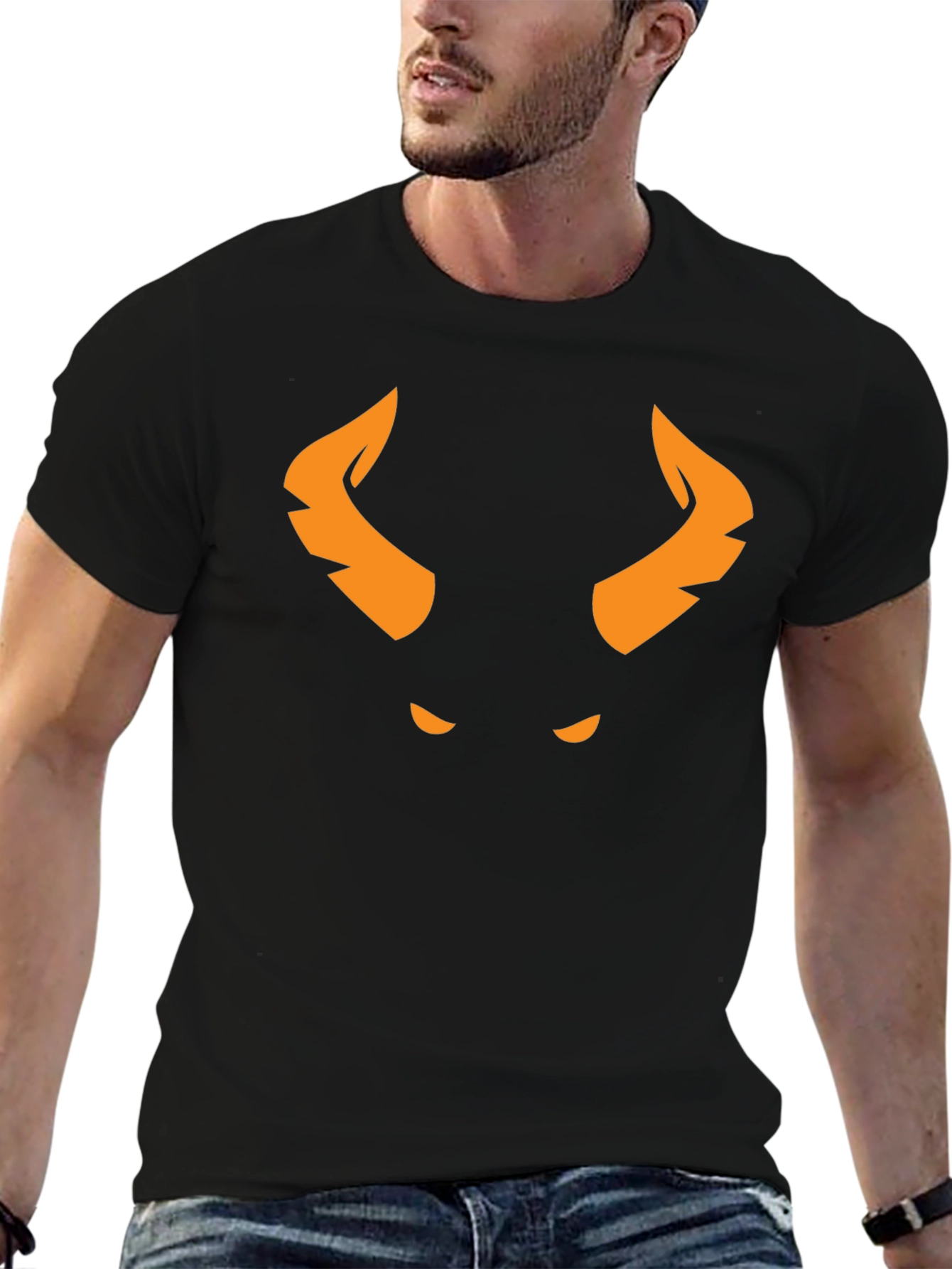 Orange Horned Demon Graphic Black T-Shirt