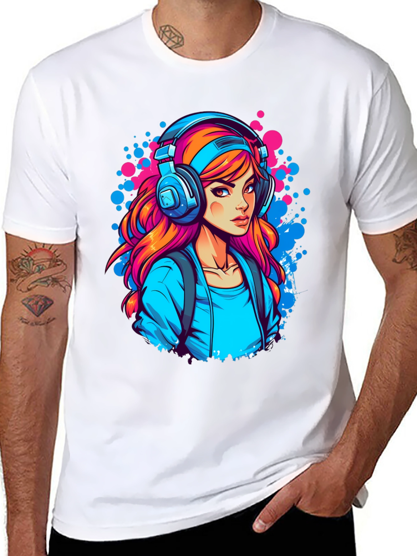 Girl with Headphones Graphic Black T-Shirt