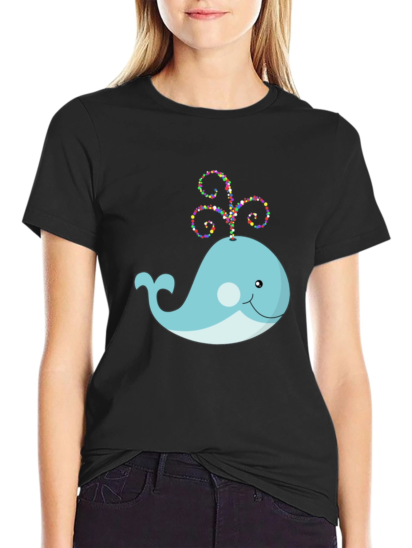 Cute Whale Graphic Tee - Black Cotton T-Shirt
