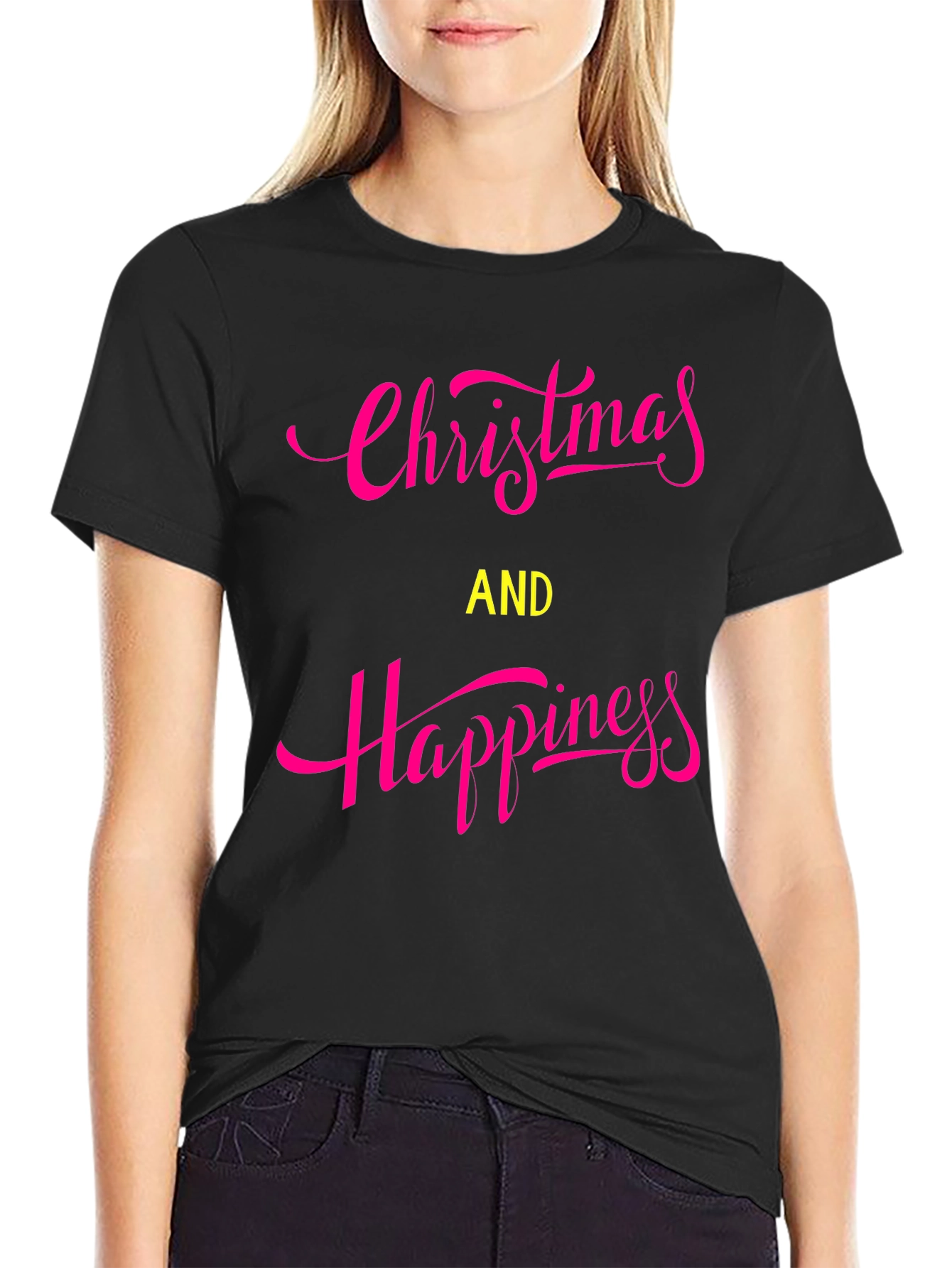 Christmas & Happiness Graphic Print Black T-Shirt