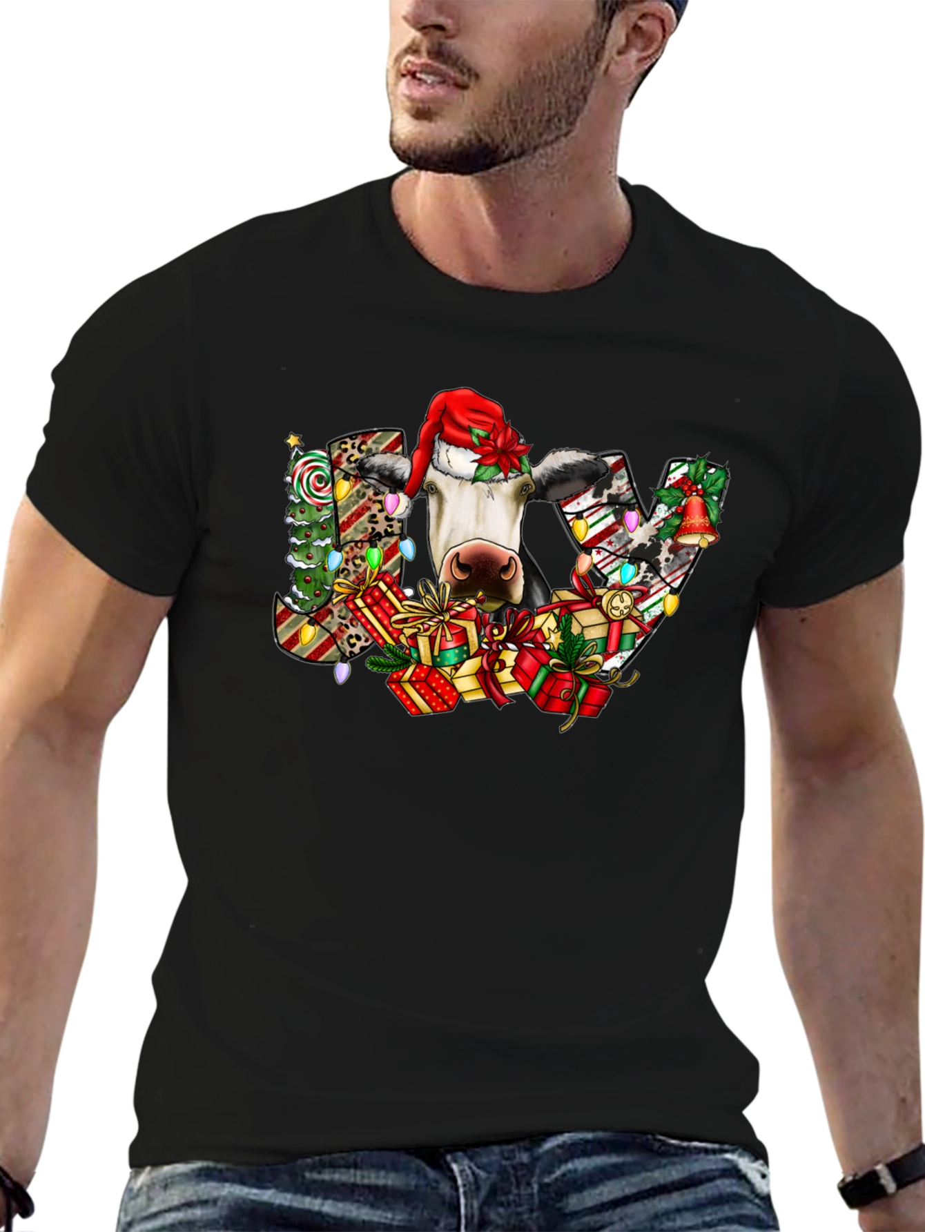 Festive Cow Christmas Graphic T-Shirt