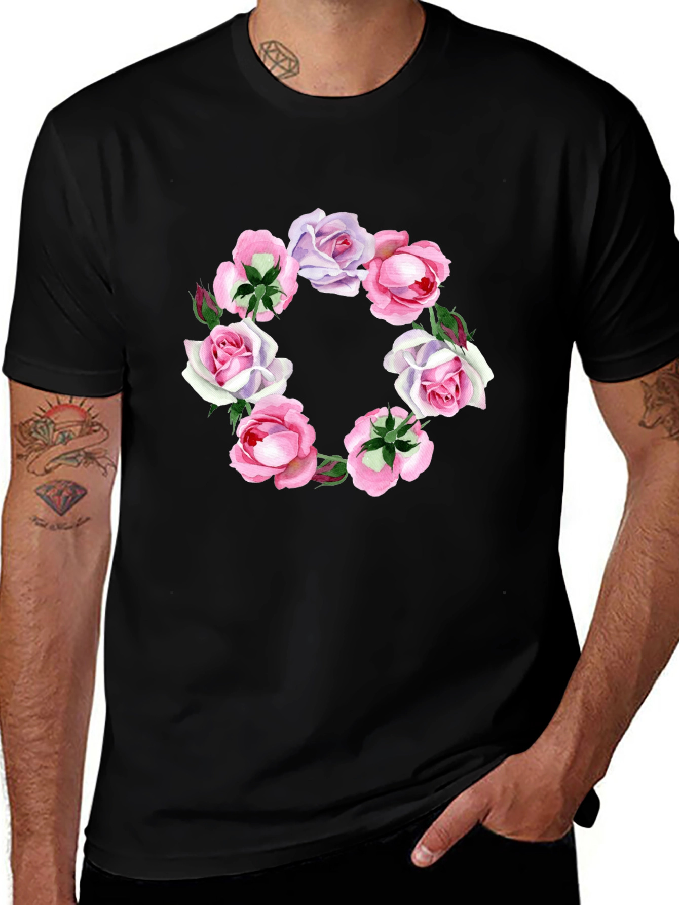 Floral Wreath Graphic Tee - Stylish Black T-Shirt