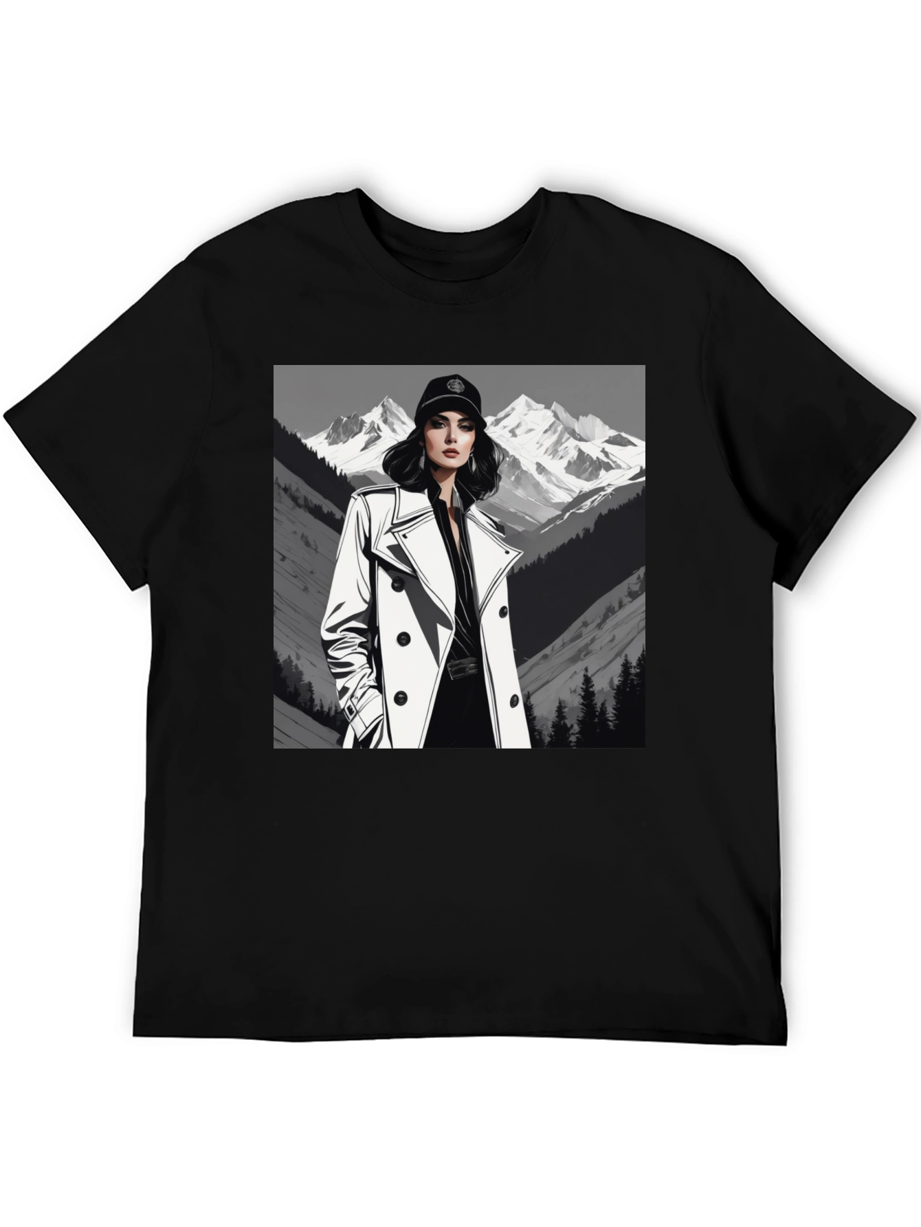 Stylish Woman Mountain Tee - Black Cotton Blend