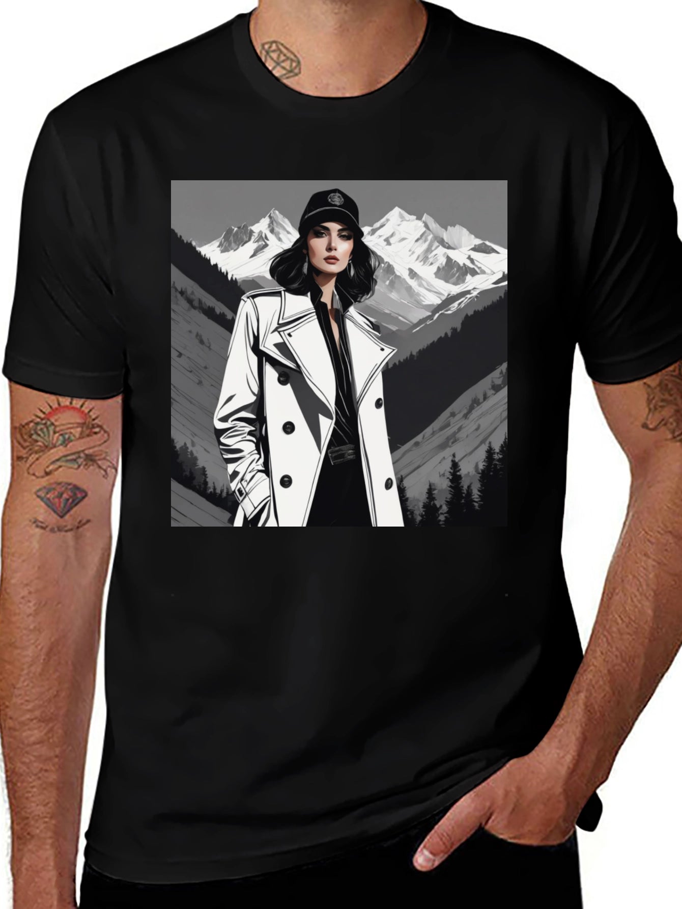 Stylish Woman Mountain Tee - Black Cotton Blend