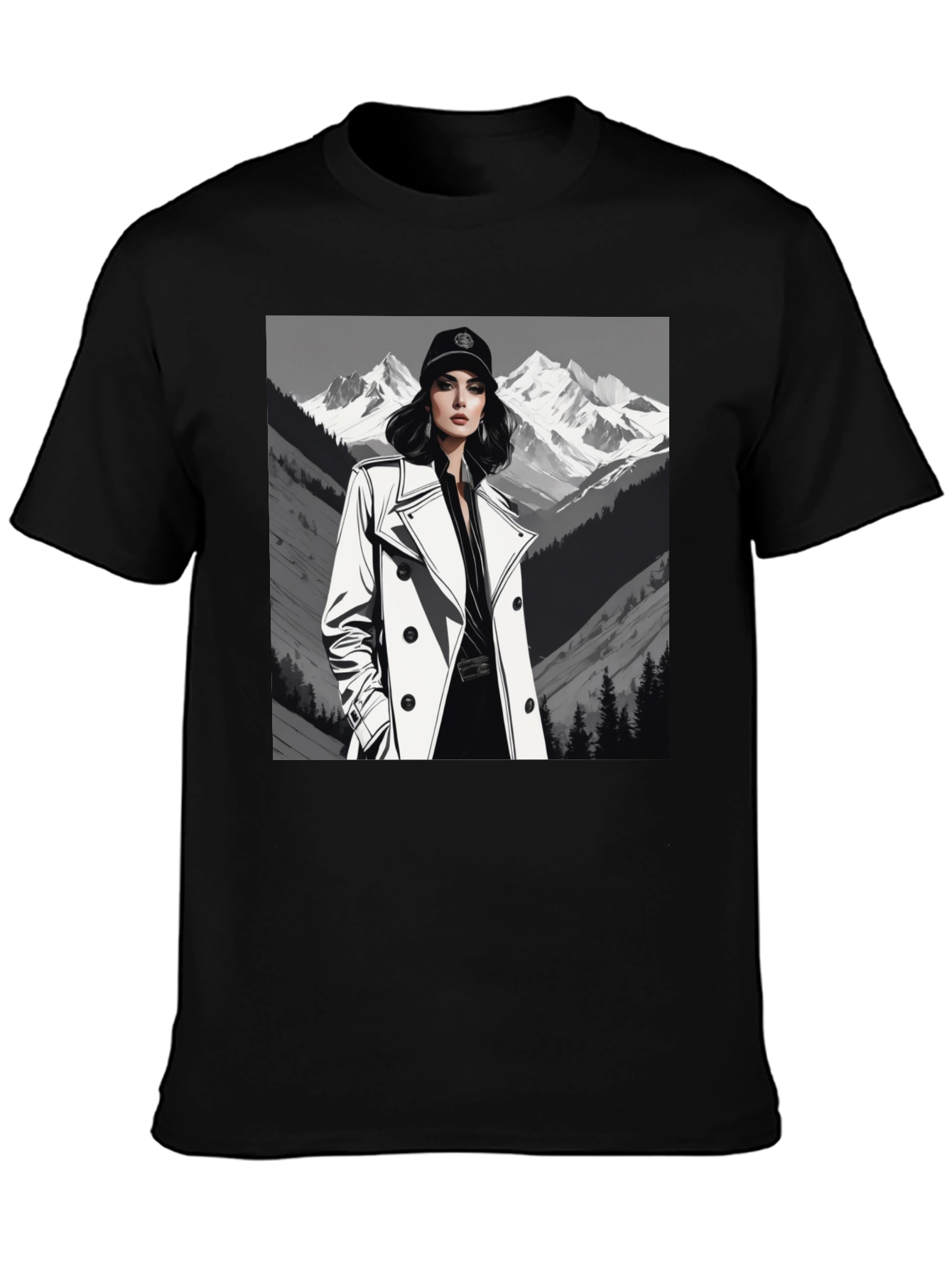 Stylish Woman Mountain Tee - Black Cotton Blend