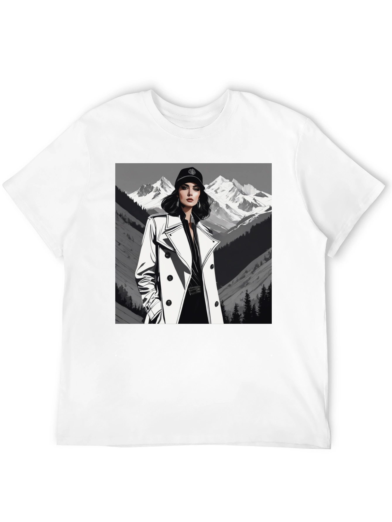 Stylish Woman Mountain Tee - Black Cotton Blend