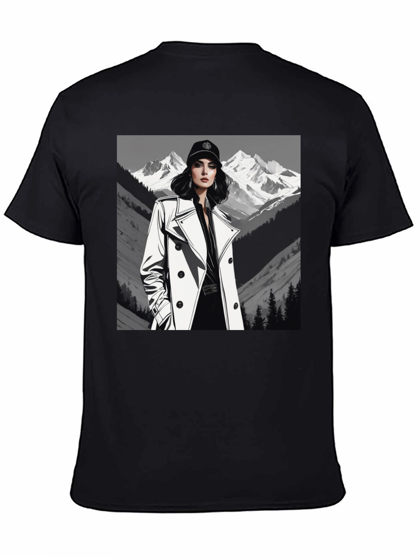 Stylish Woman Mountain Tee - Black Cotton Blend