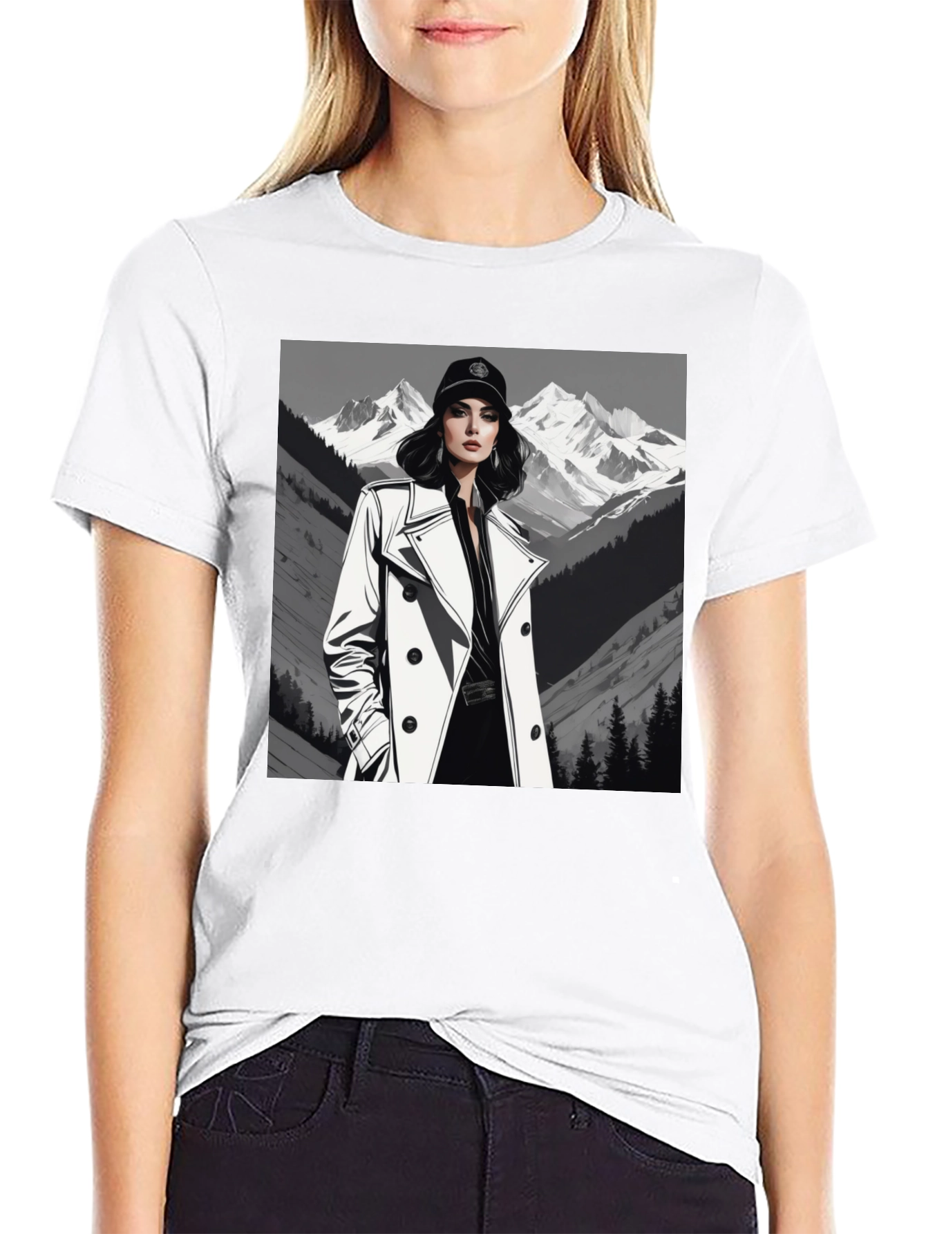 Stylish Woman Mountain Tee - Black Cotton Blend
