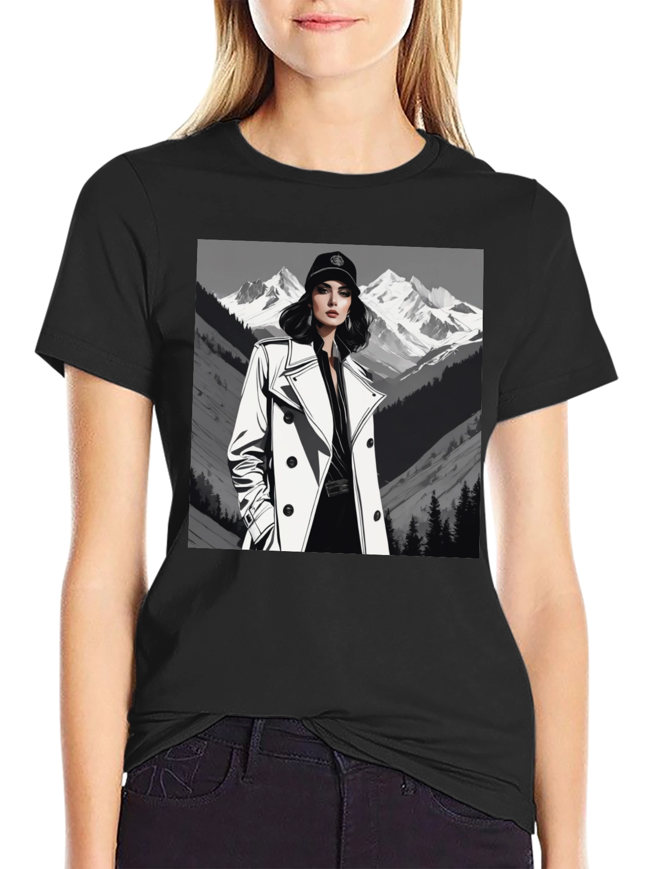 Stylish Woman Mountain Tee - Black Cotton Blend