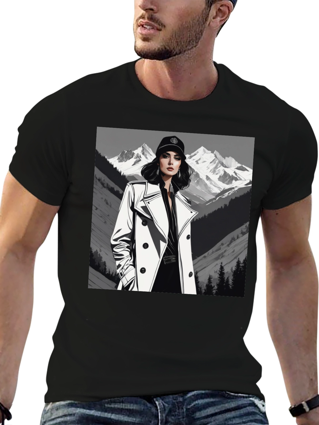 Stylish Woman Mountain Tee - Black Cotton Blend
