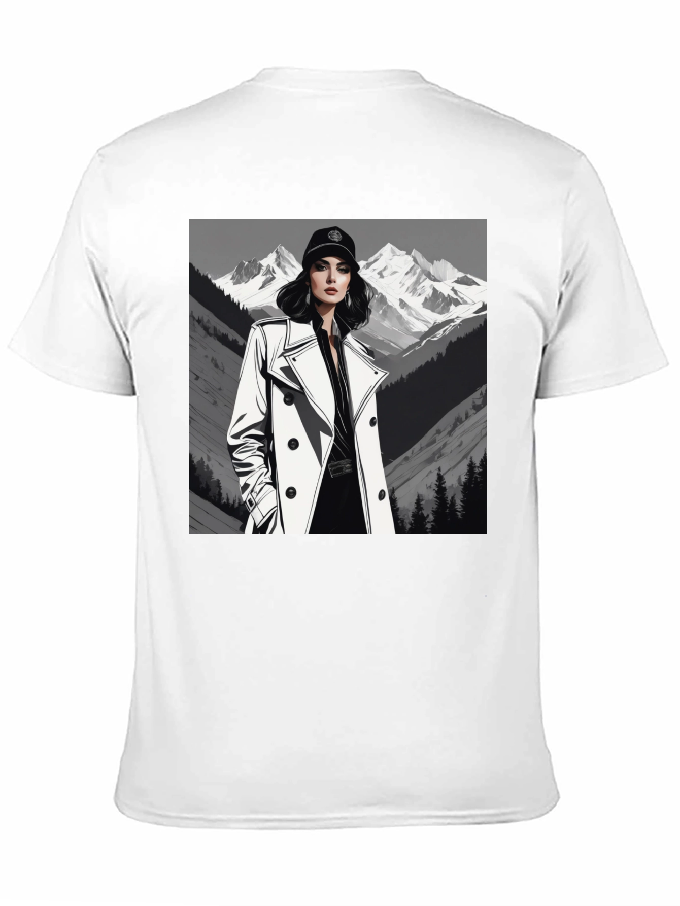 Stylish Woman Mountain Tee - Black Cotton Blend