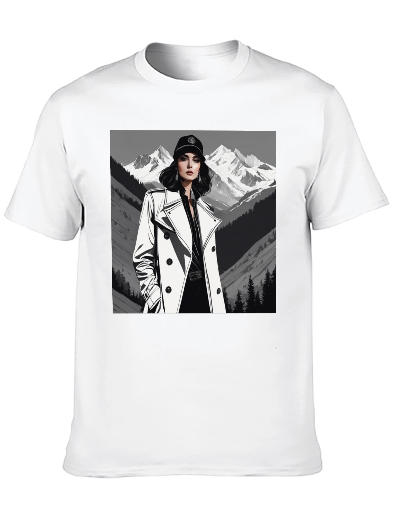 Stylish Woman Mountain Tee - Black Cotton Blend