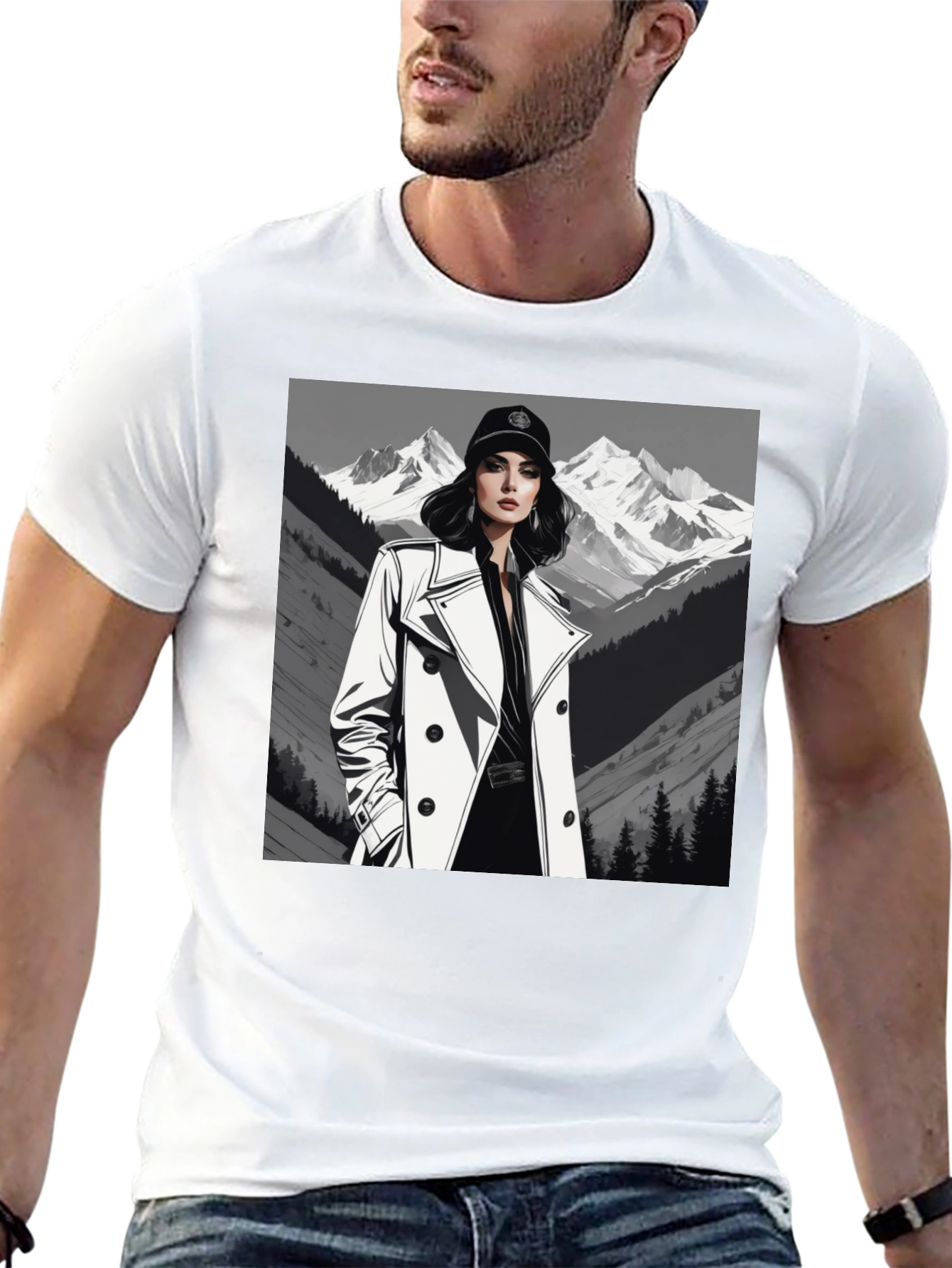 Stylish Woman Mountain Tee - Black Cotton Blend