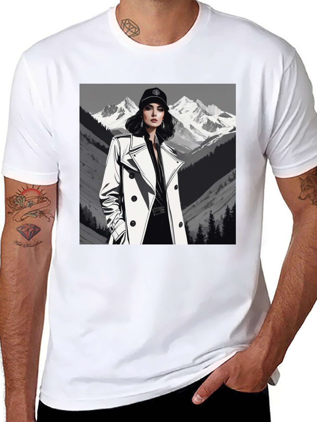 Stylish Woman Mountain Tee - Black Cotton Blend