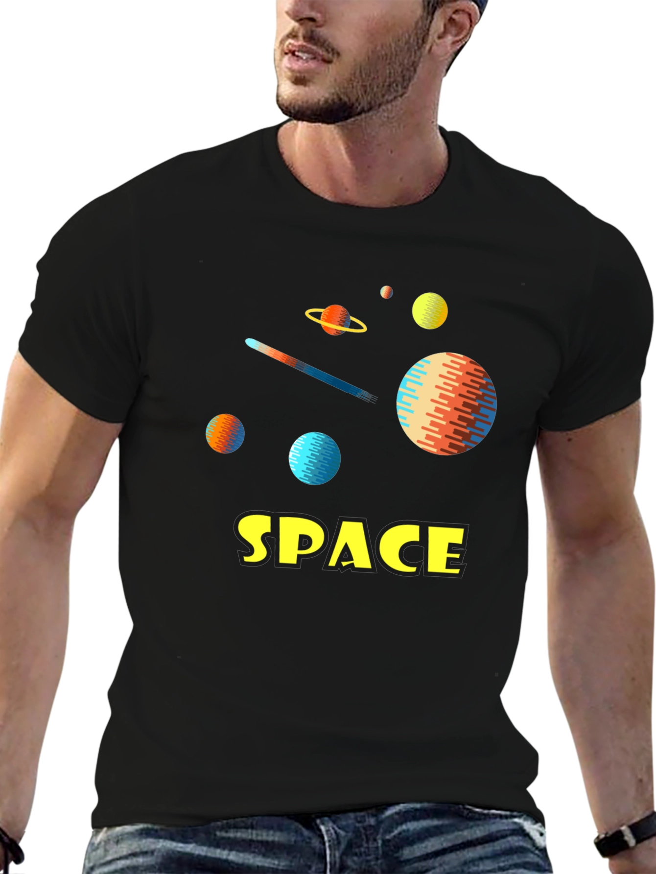 Space Planets Graphic Tee - Black Cotton T-Shirt