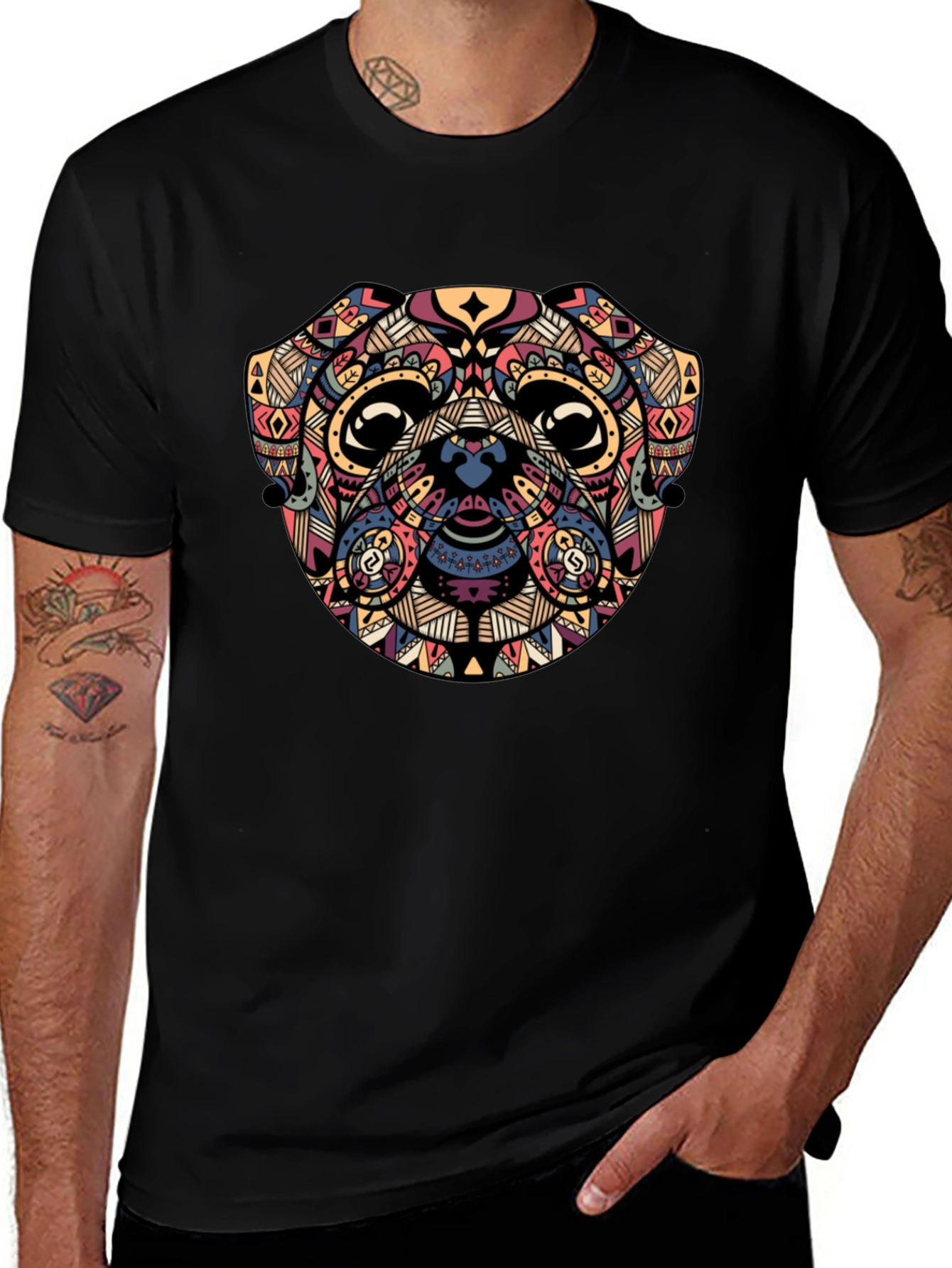 Geometric Pug Graphic Black T-Shirt