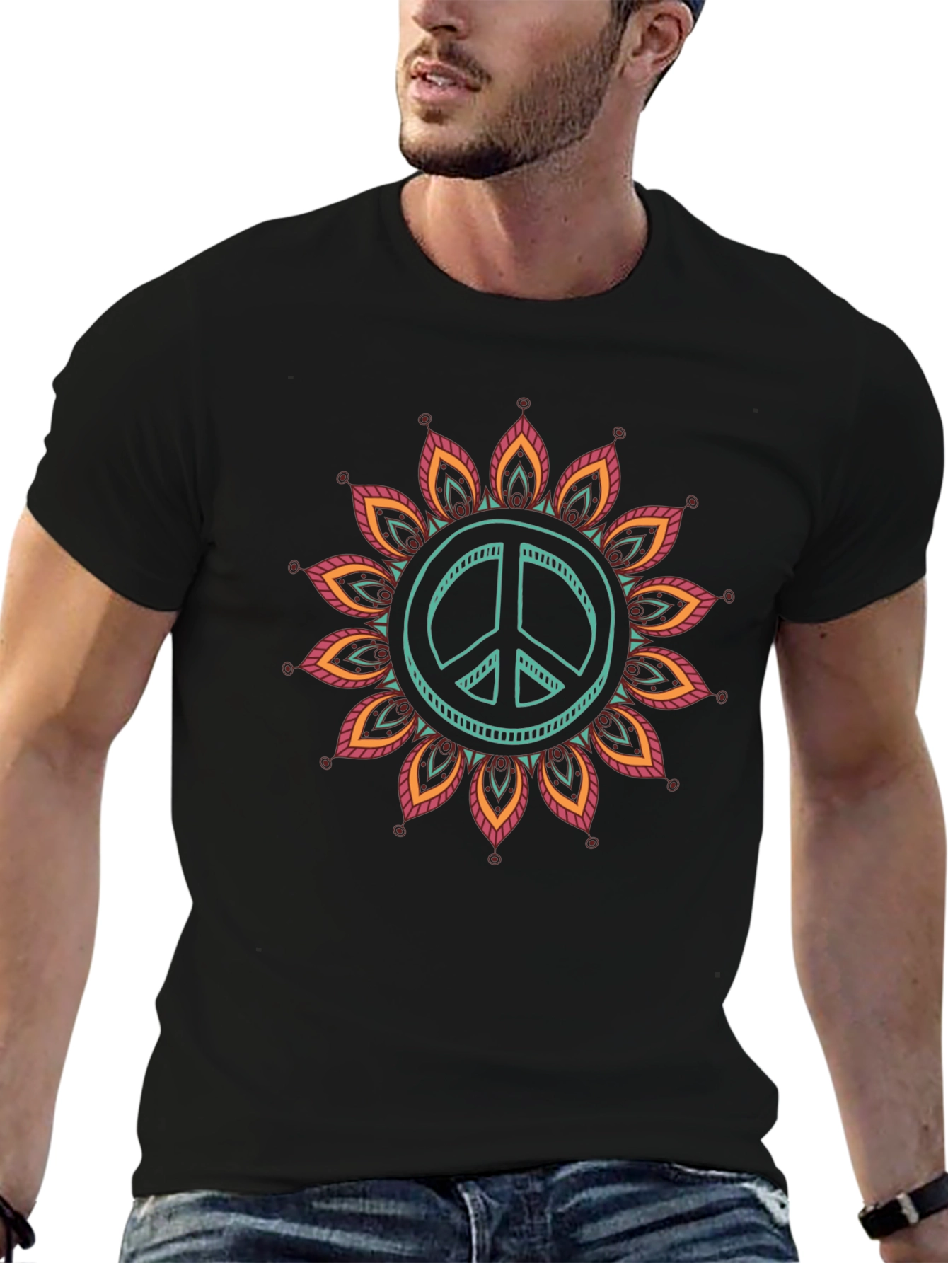 Peace Sign Mandala Graphic Tee - Black Cotton Blend
