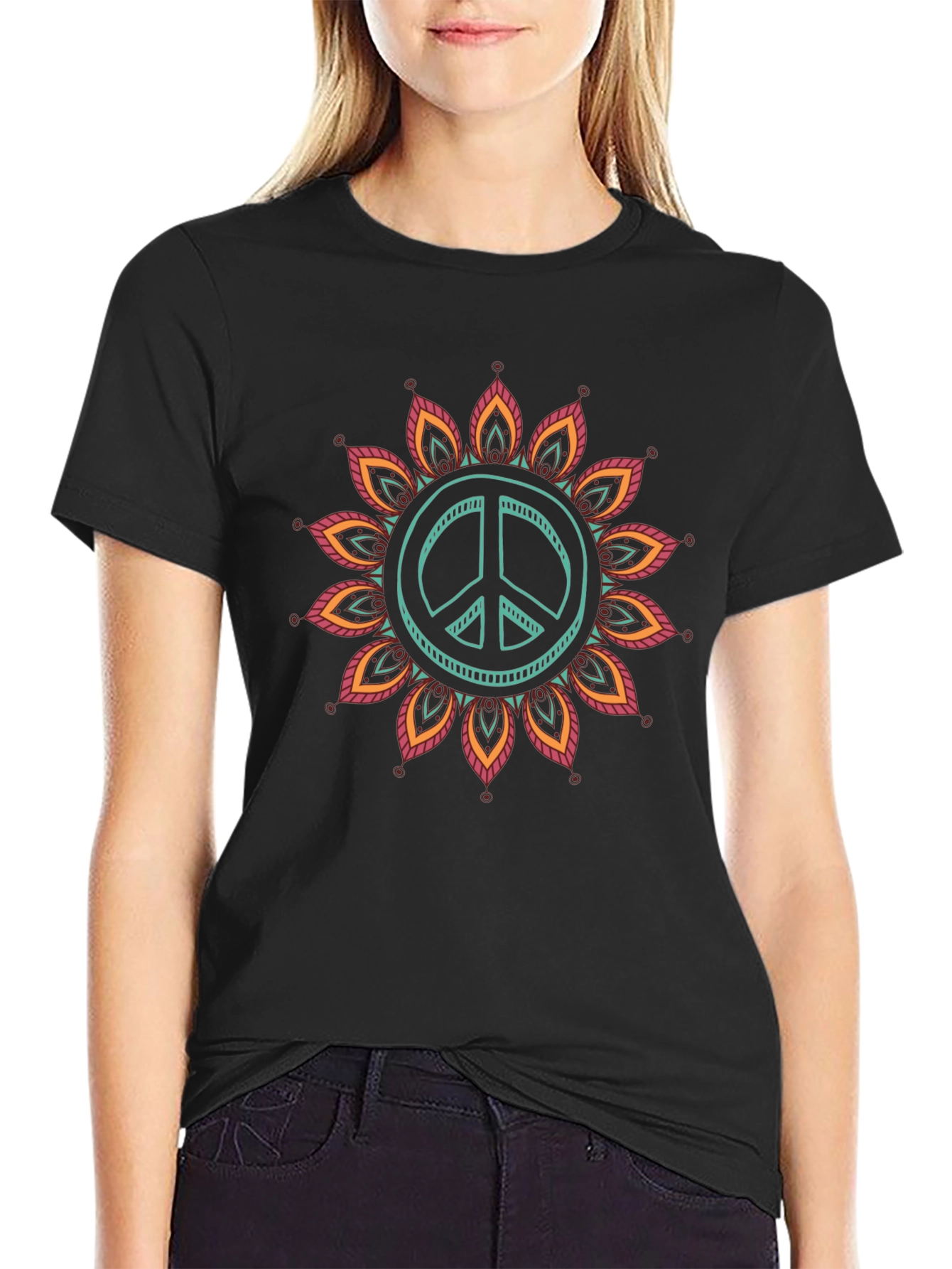 Peace Sign Mandala Graphic Tee - Black Cotton Blend