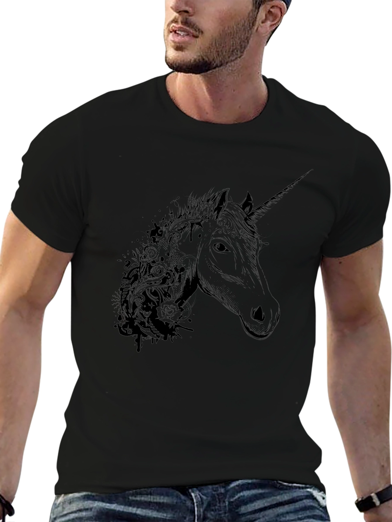 Mens Black Unicorn Graphic T-Shirt