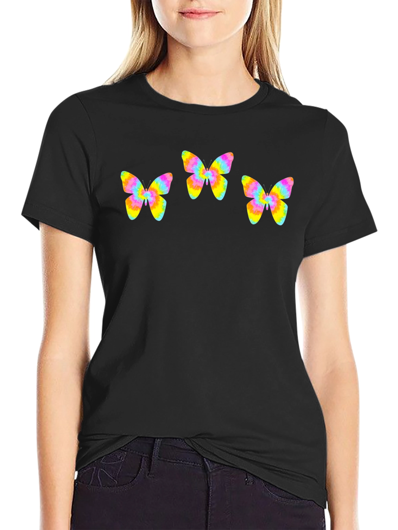 Butterfly Tie-Dye Graphic Tee - Black Cotton Blend