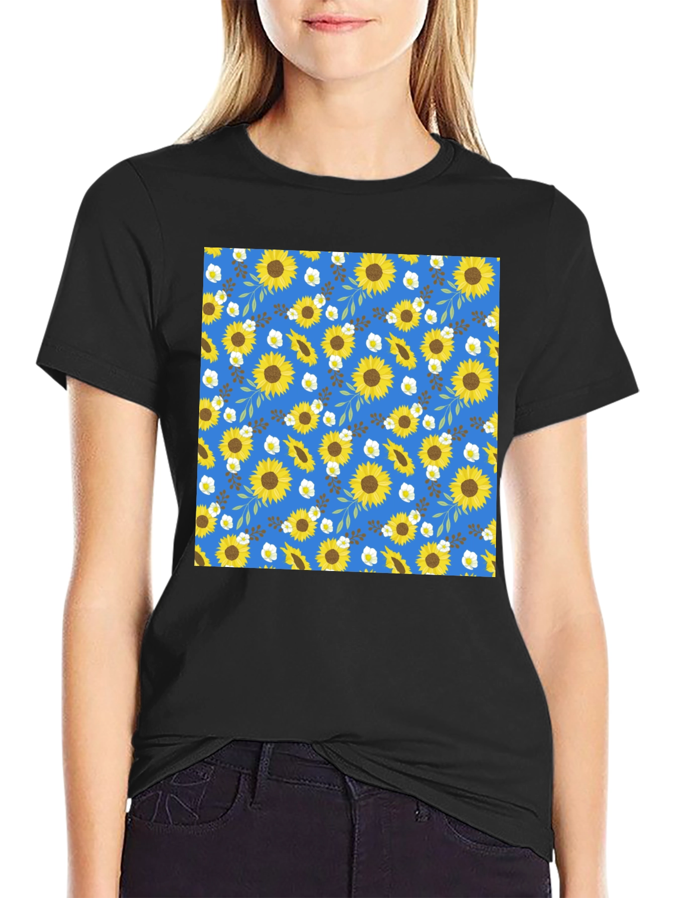 Sunflower & Floral Print Black Tee