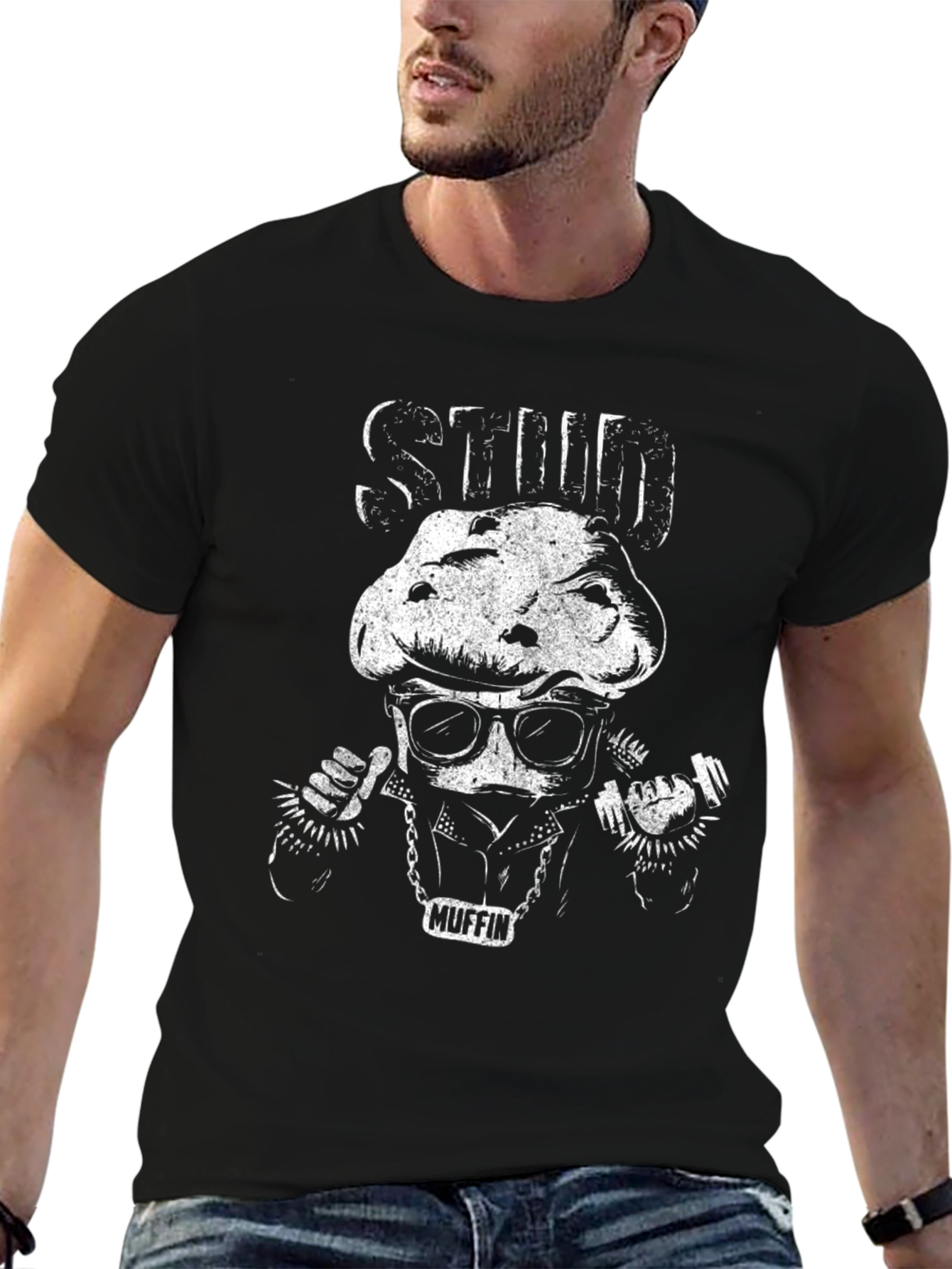 Stud Muffin Graphic Tee - Black Cotton T-Shirt