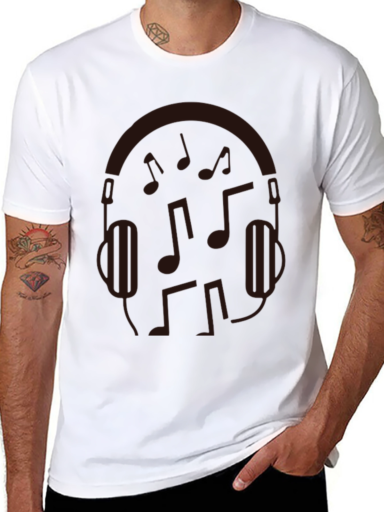 Music Lovers Graphic Tee - Headphones & Notes Design