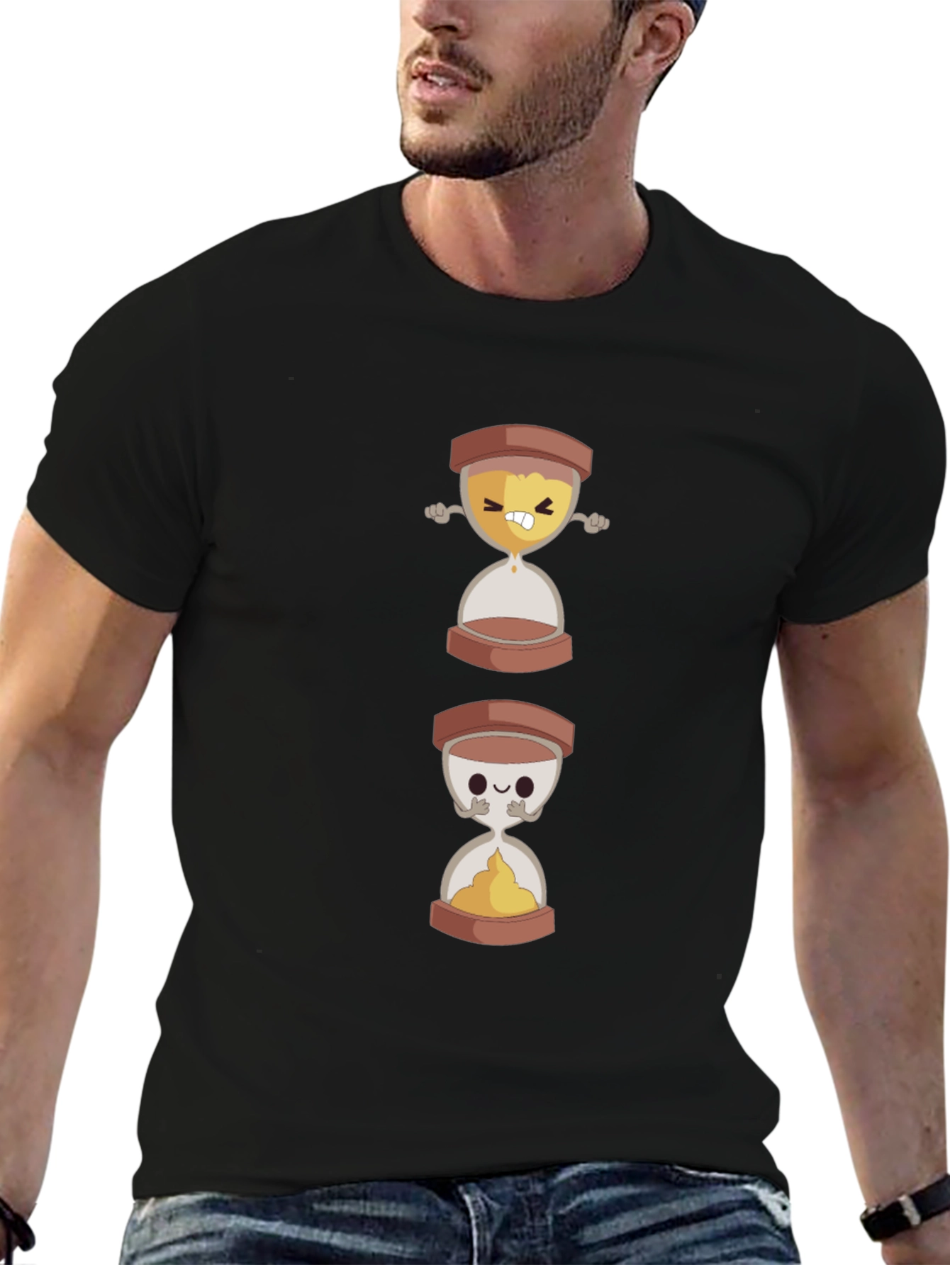 Funny Hourglass Cartoon Graphic Black T-Shirt