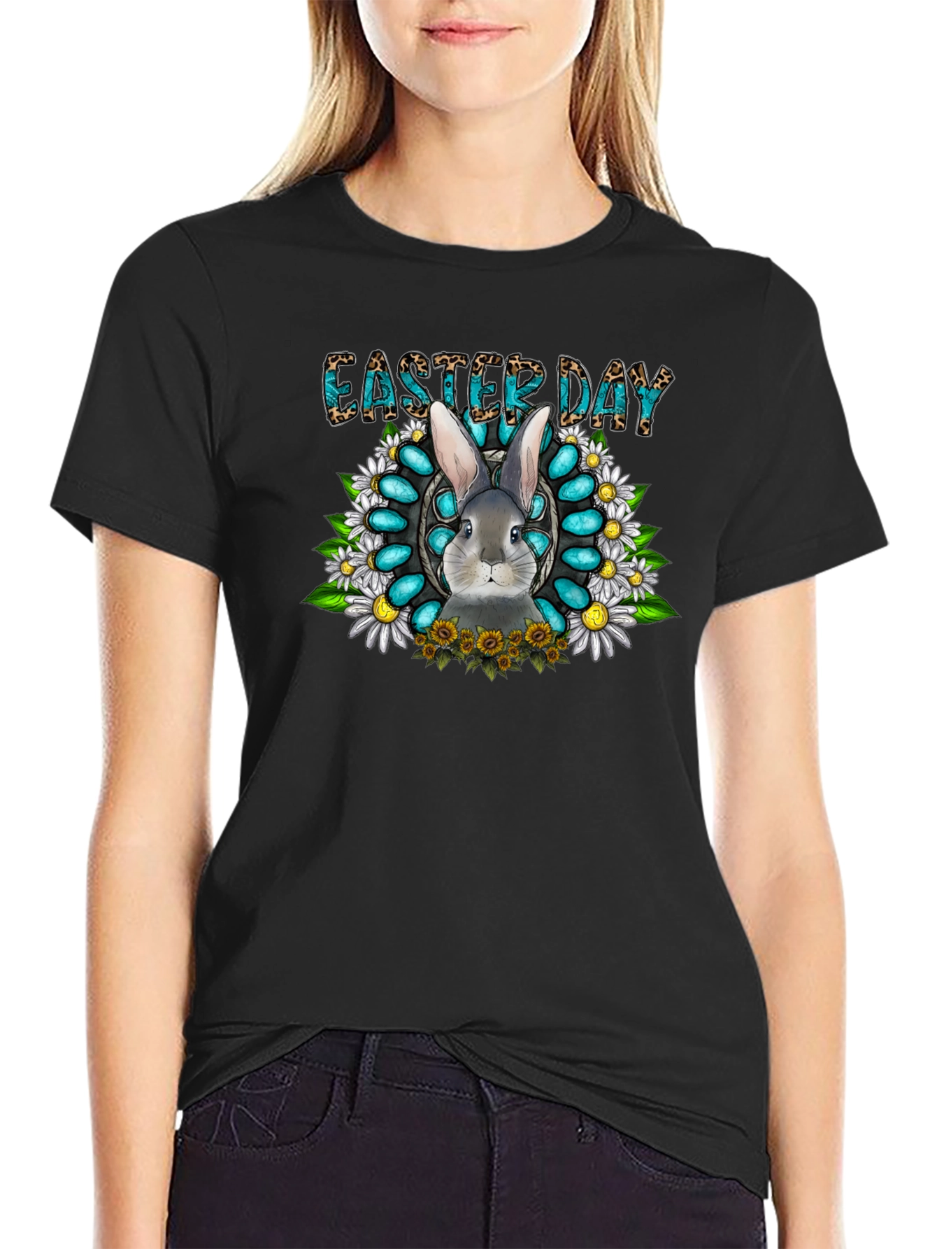 Easter Day Rabbit Graphic Tee - Black