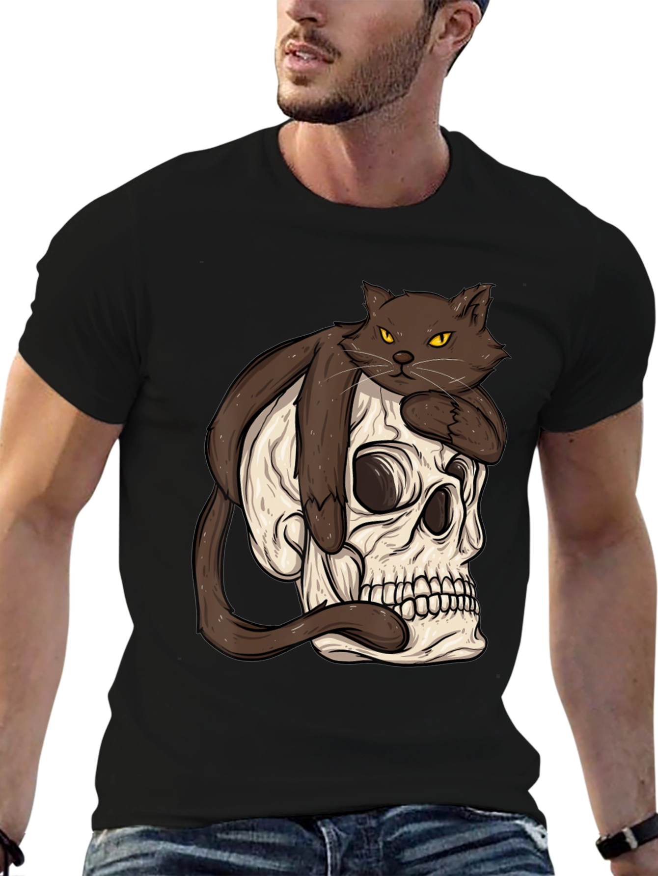 Cat on Skull Graphic Tee - Mens Black T-Shirt
