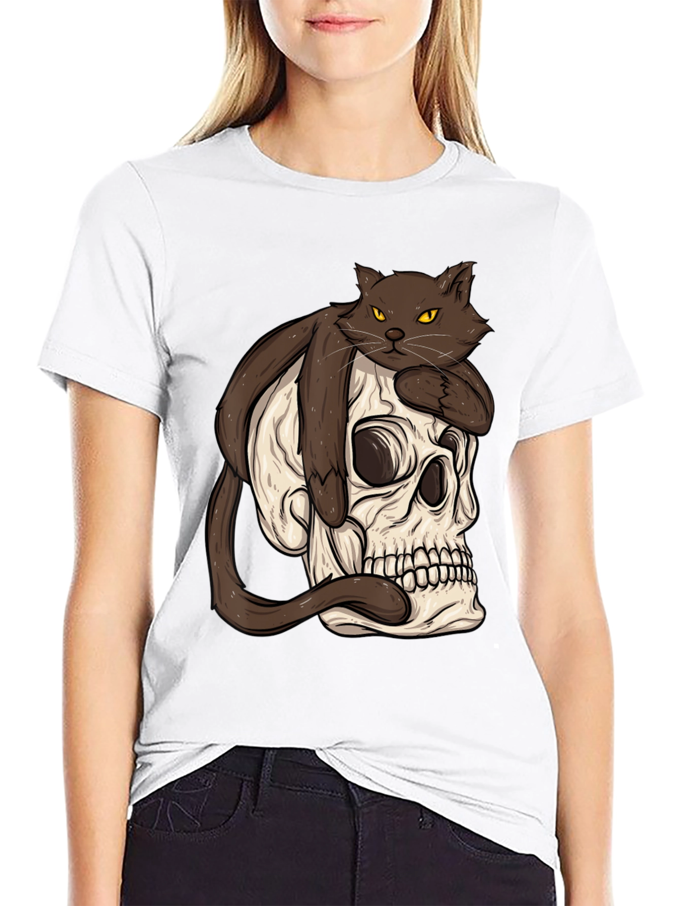 Cat on Skull Graphic Tee - Mens Black T-Shirt