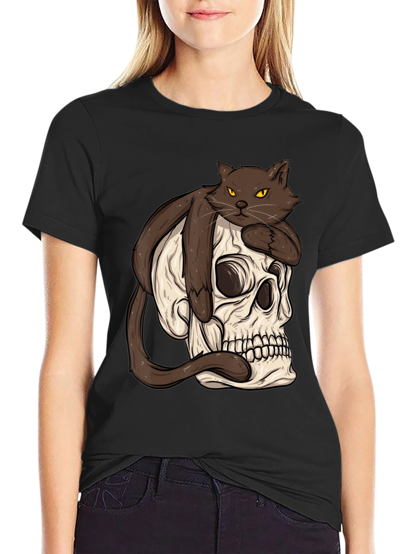 Cat on Skull Graphic Tee - Mens Black T-Shirt