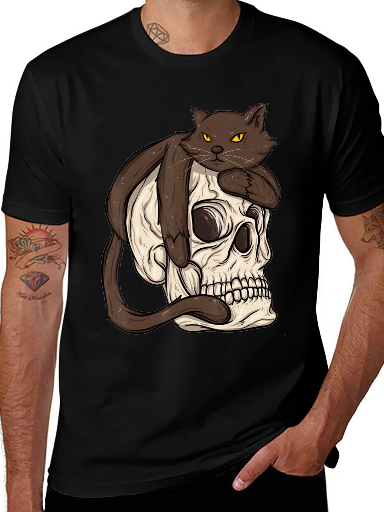 Cat on Skull Graphic Tee - Mens Black T-Shirt