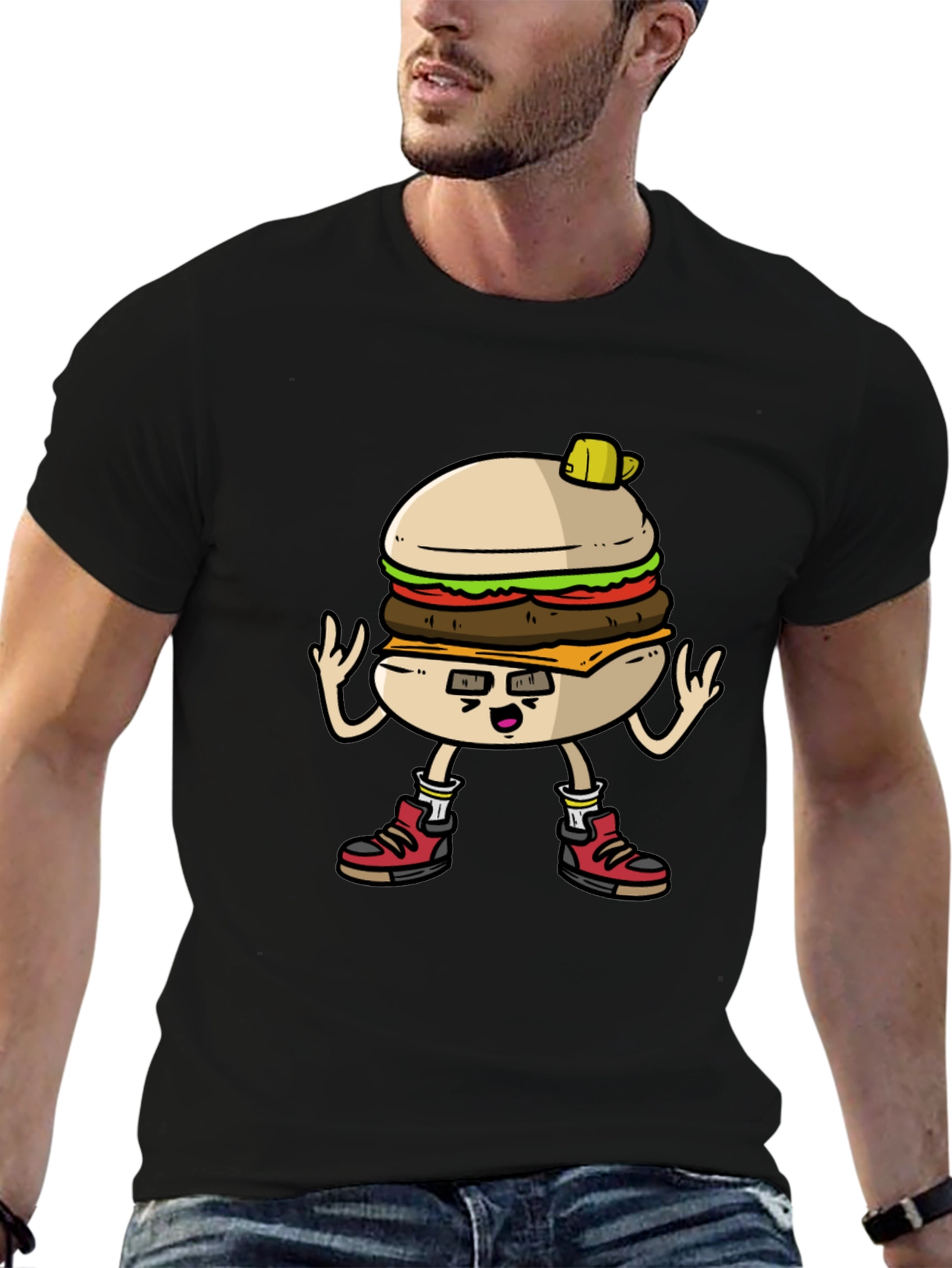 Burger Cartoon Graphic Tee - Black Cotton T-Shirt