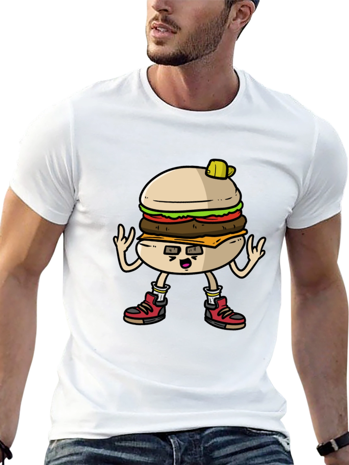 Burger Cartoon Graphic Tee - Black Cotton T-Shirt