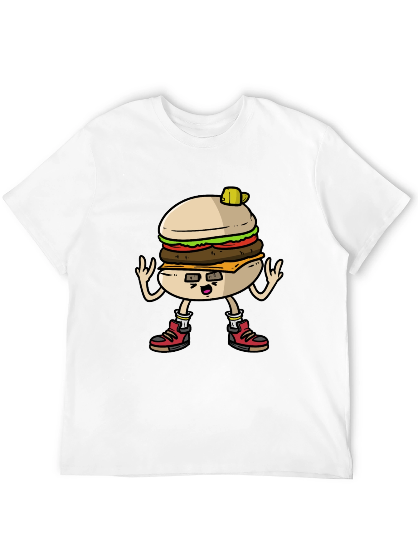 Burger Cartoon Graphic Tee - Black Cotton T-Shirt