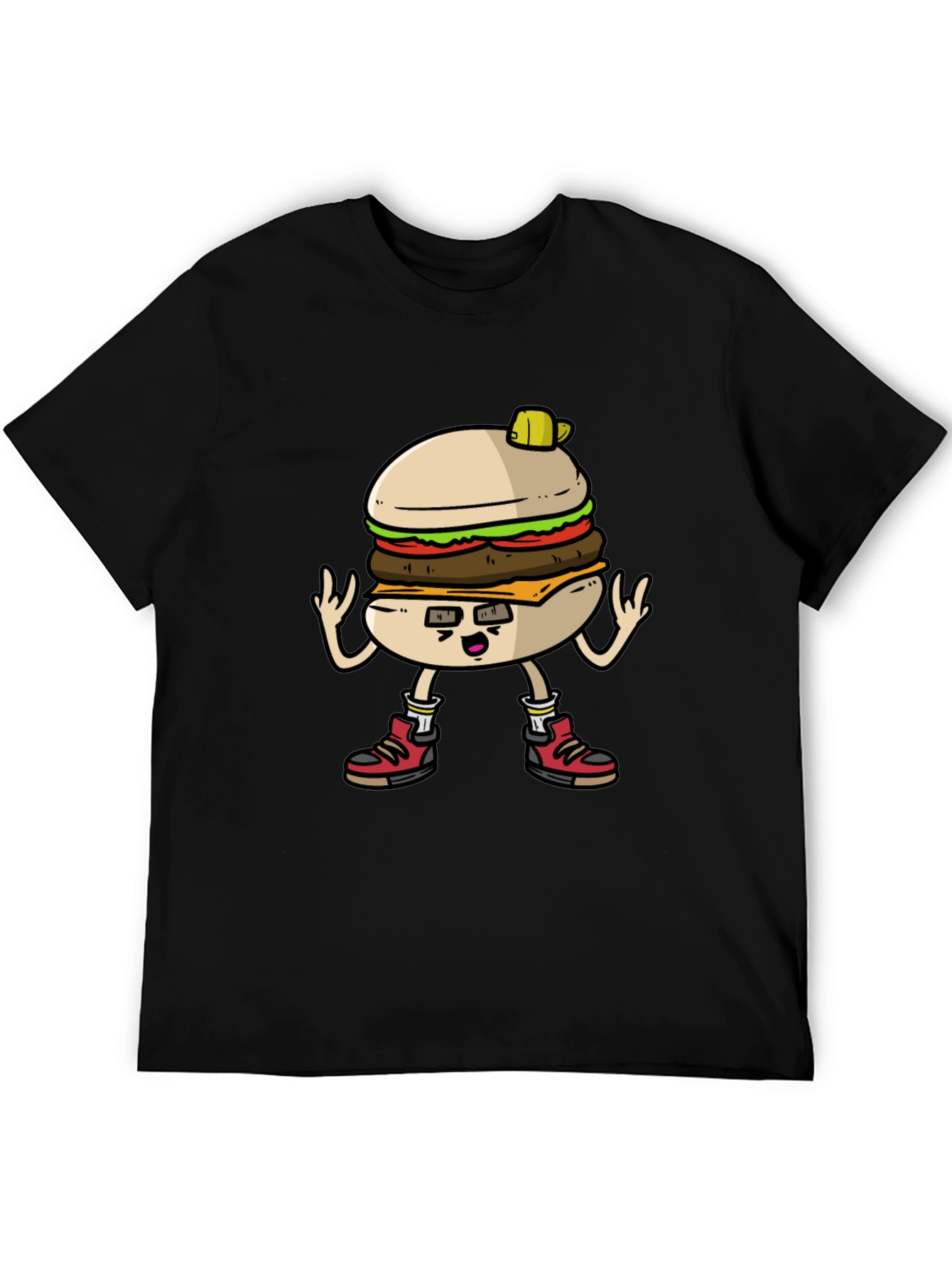 Burger Cartoon Graphic Tee - Black Cotton T-Shirt