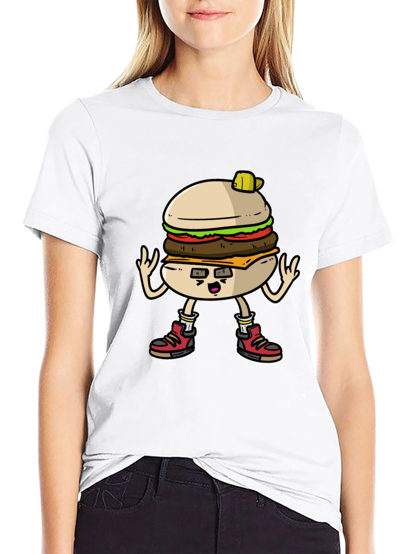 Burger Cartoon Graphic Tee - Black Cotton T-Shirt