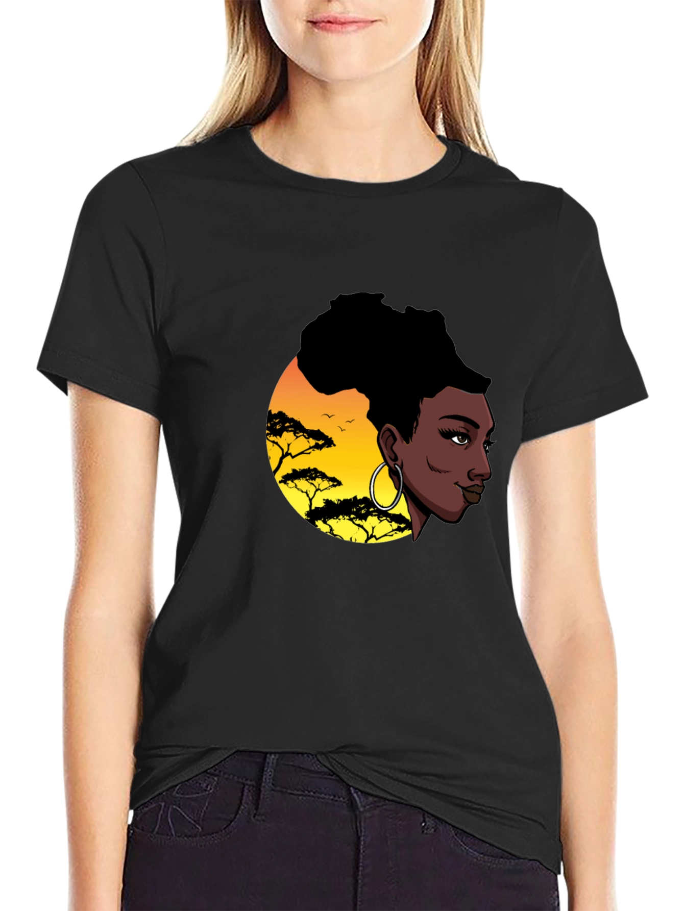 Stylish Black T-Shirt with African Sunset Graphic