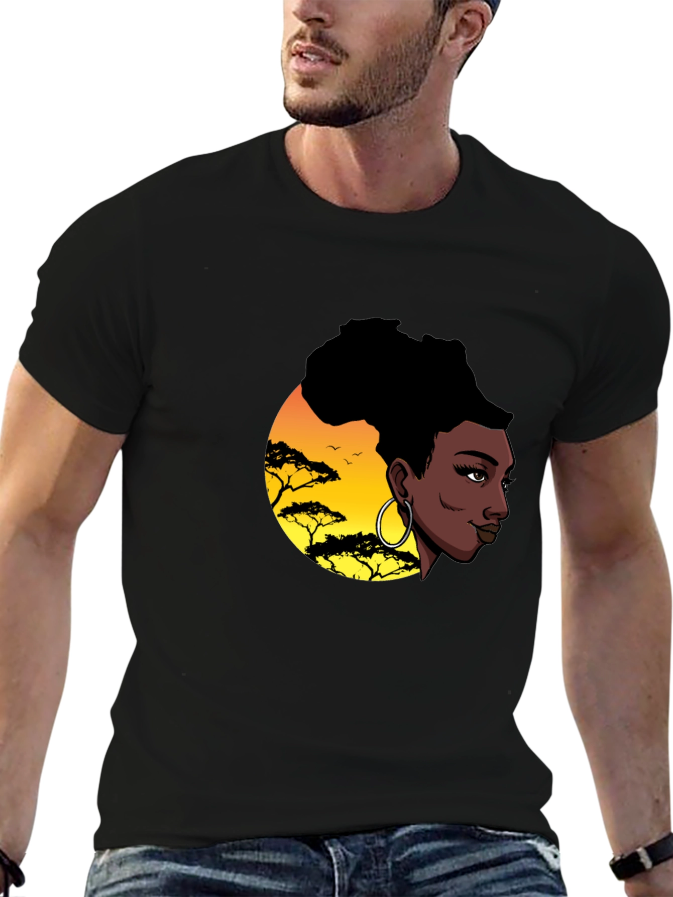 Stylish Black T-Shirt with African Sunset Graphic
