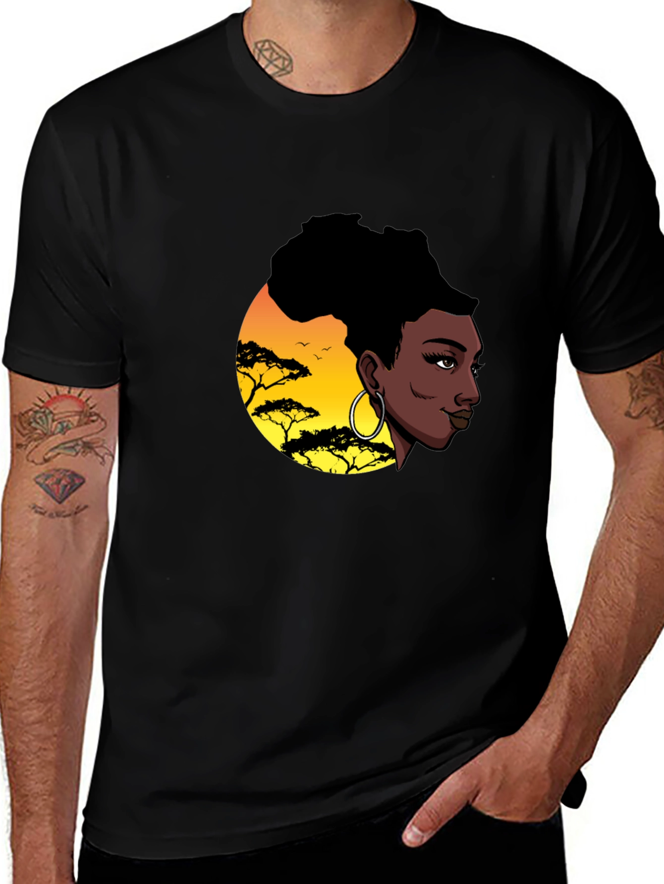 Stylish Black T-Shirt with African Sunset Graphic