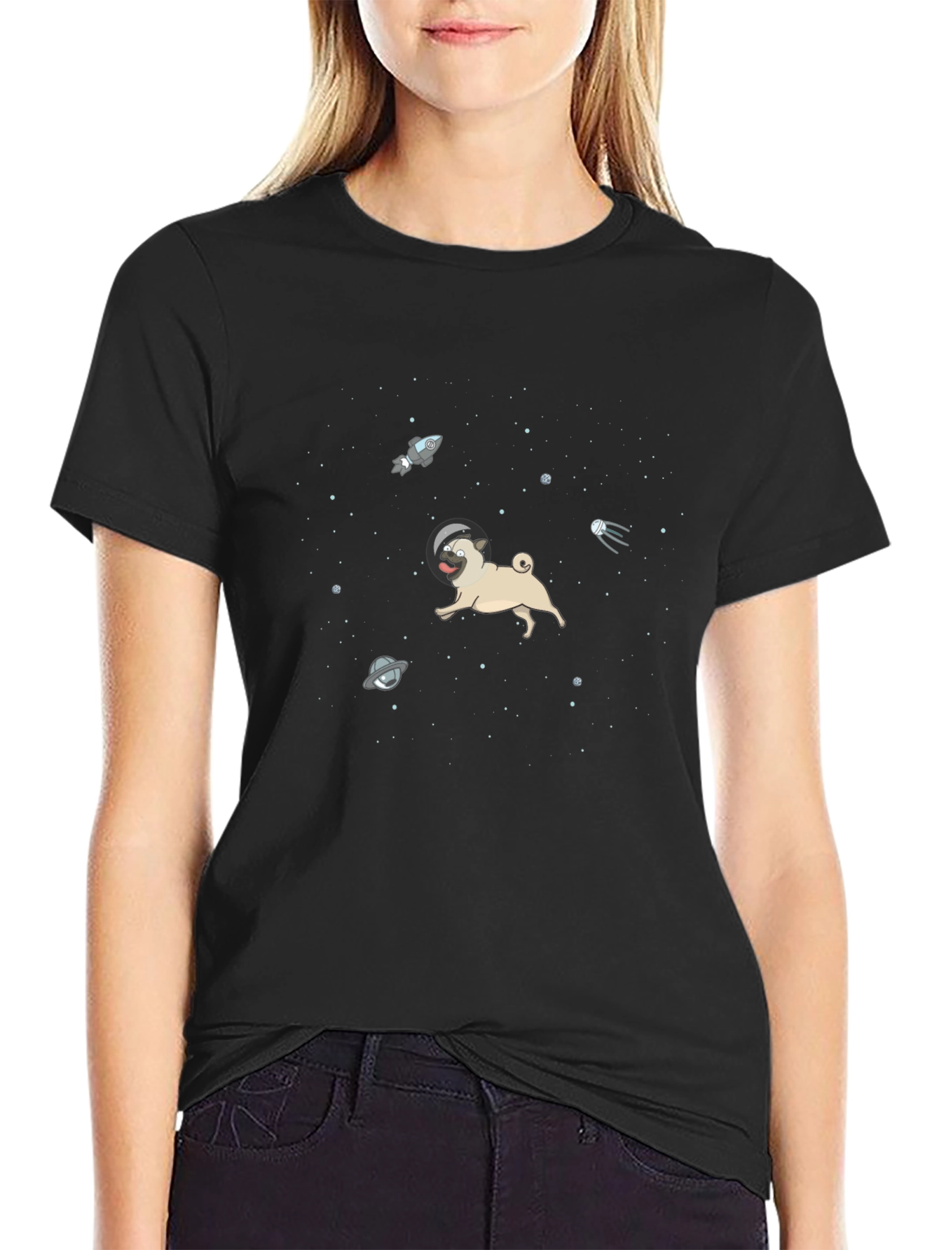 Space Pug Black T-Shirt