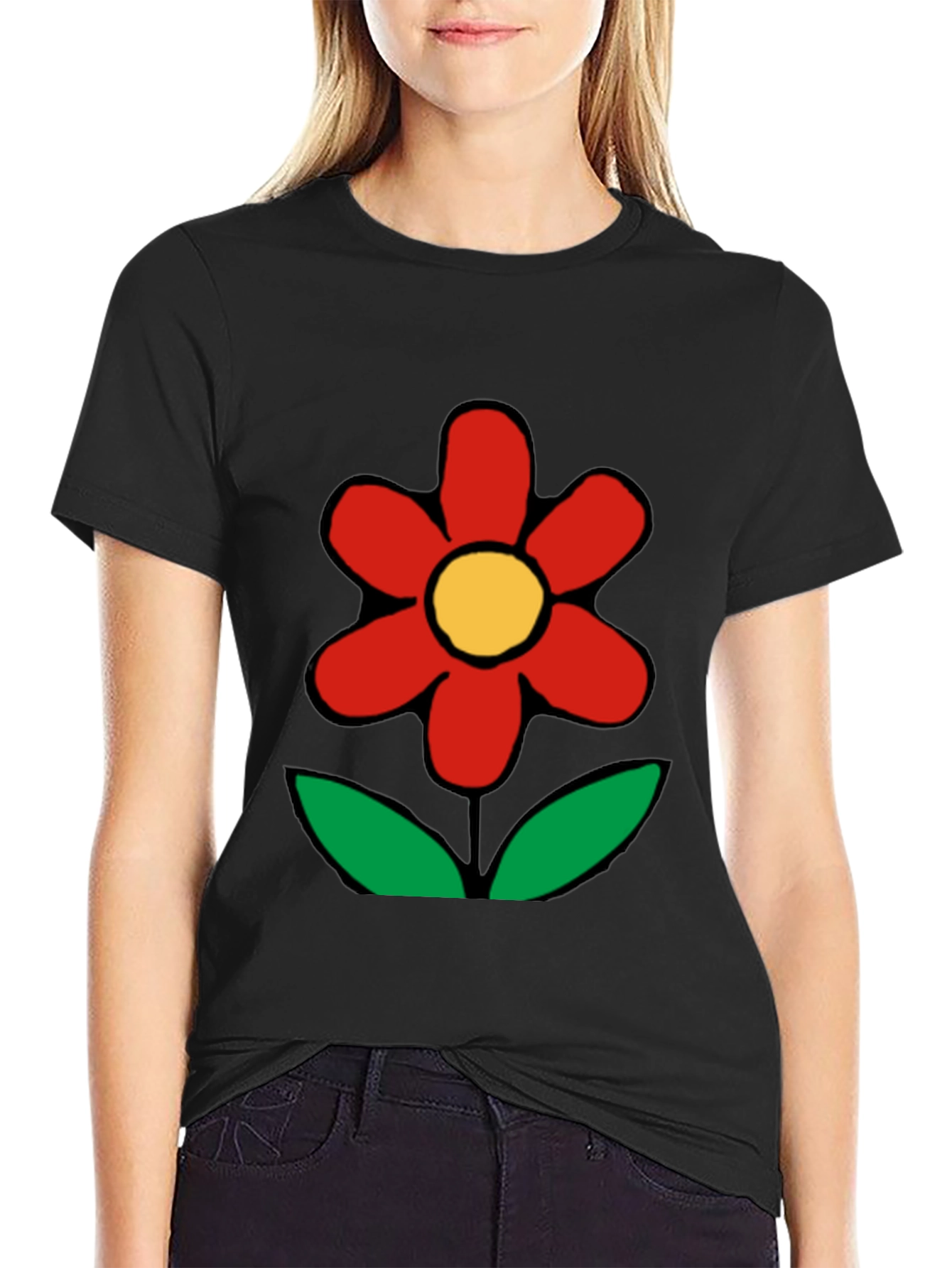 Bold Flower Graphic Tee - Black Cotton Casual Wear