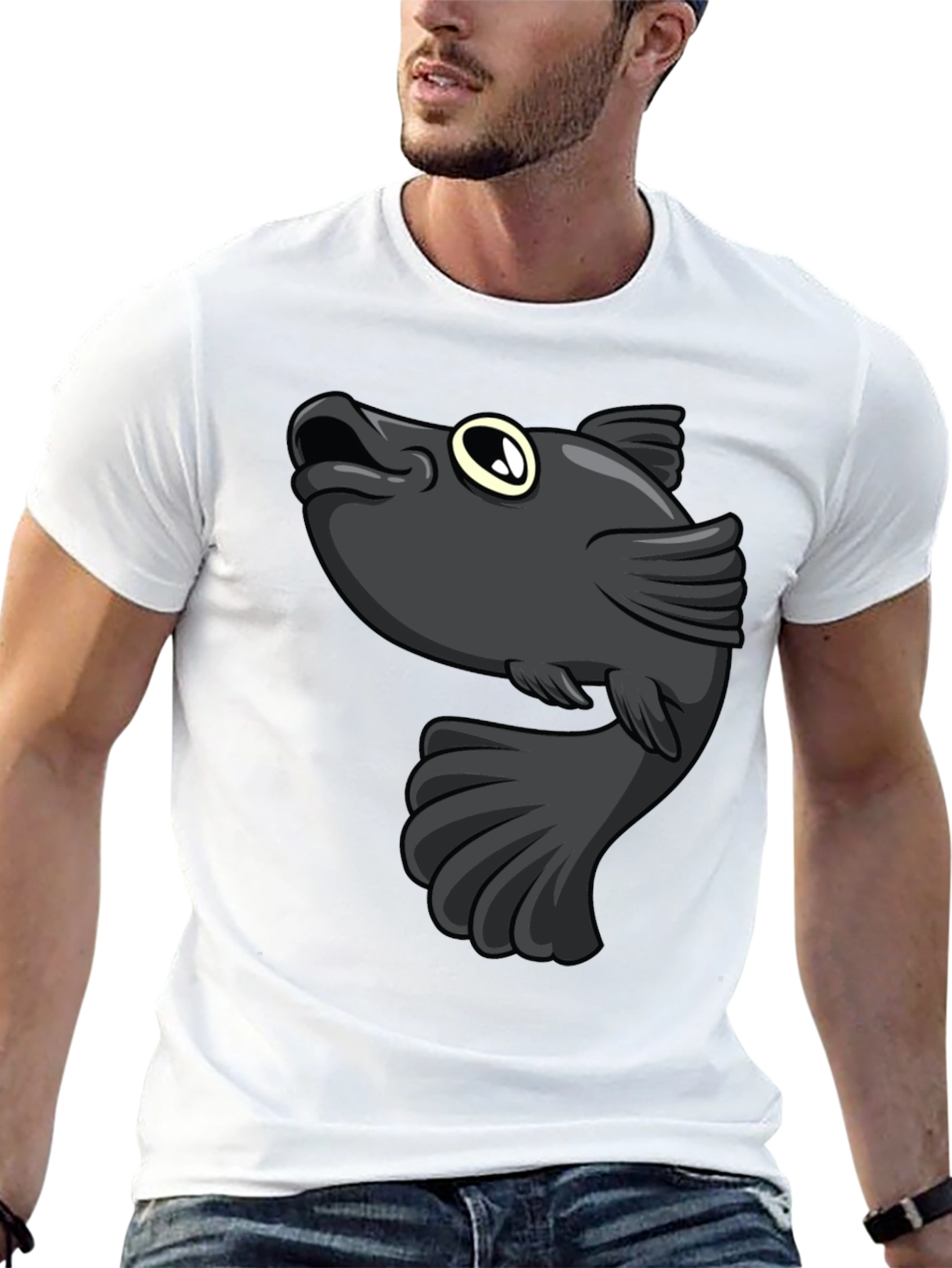 Cartoon Fish Graphic Print Black T-Shirt